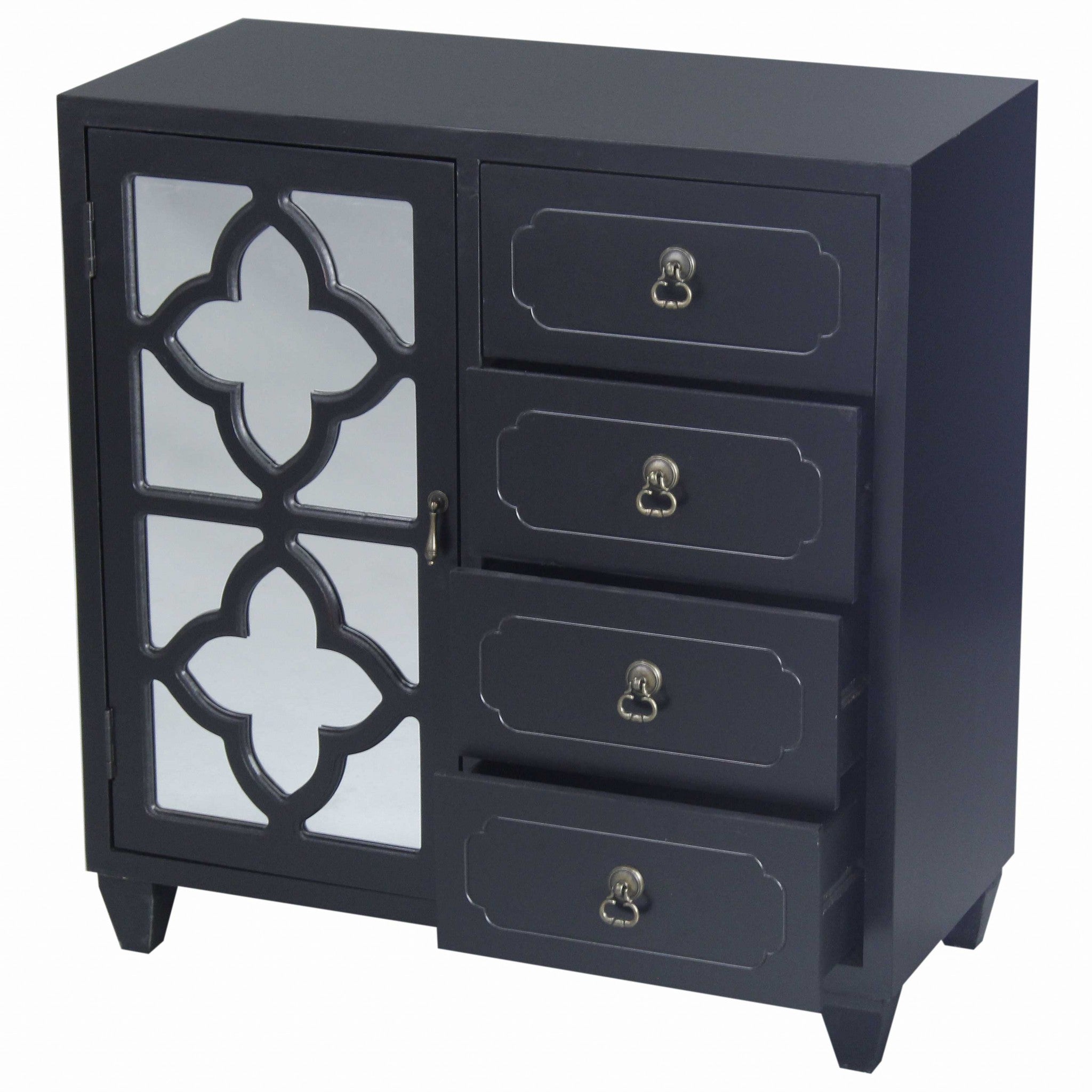 29.5" X 14" X 30.75" Black MDF Wood Mirrored Glass Sideboard with a Door  Drawers and Quatrefoil Inserts