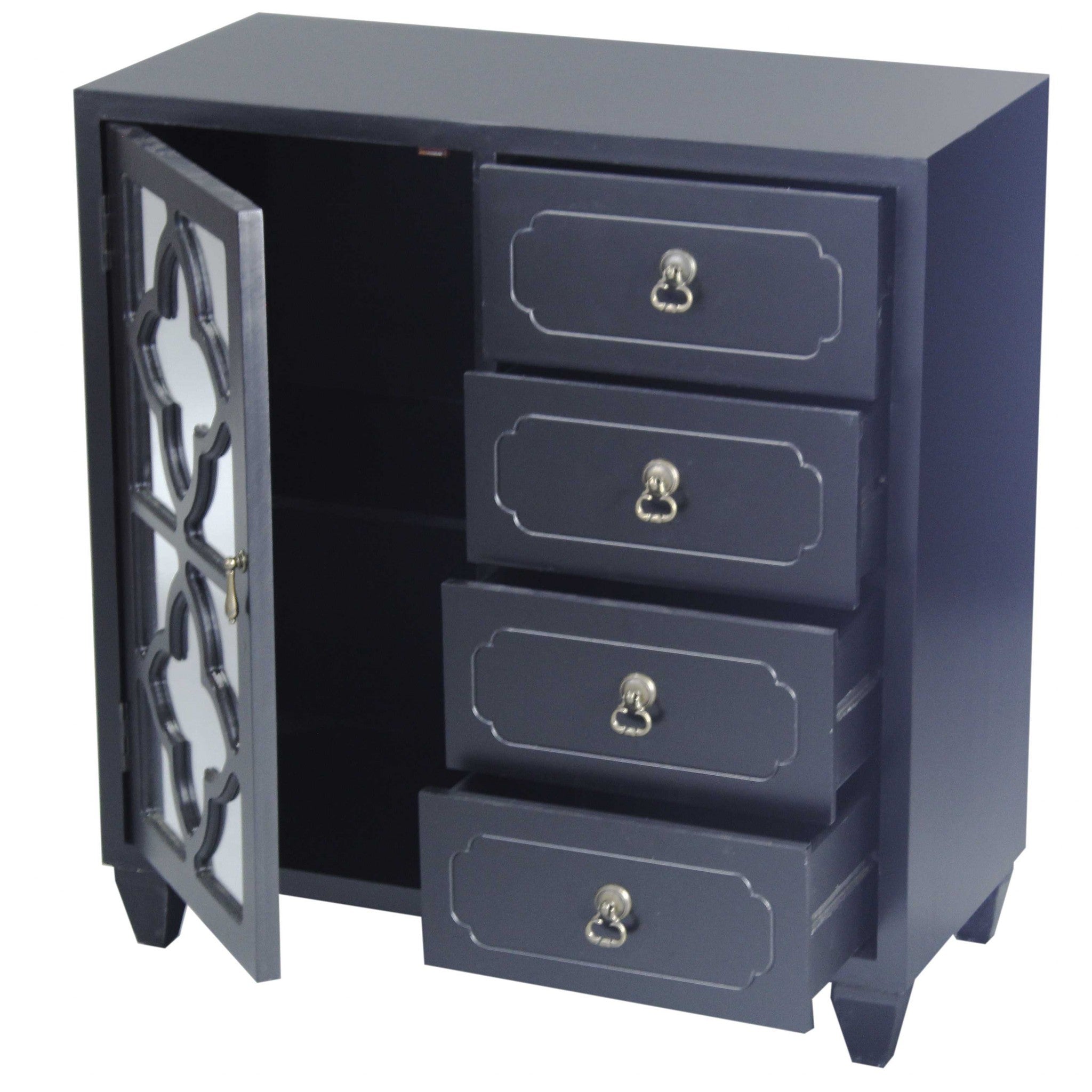 29.5" X 14" X 30.75" Black MDF Wood Mirrored Glass Sideboard with a Door  Drawers and Quatrefoil Inserts
