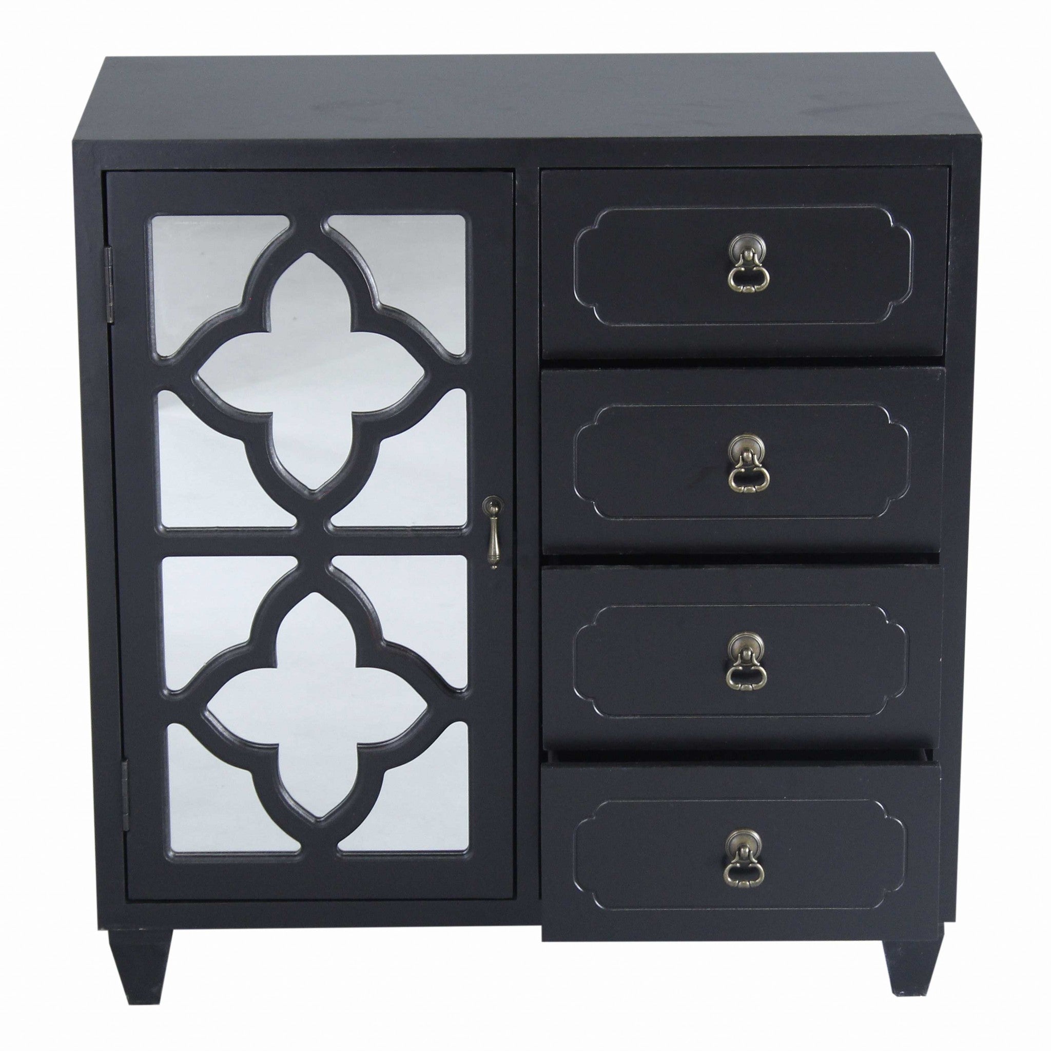29.5" X 14" X 30.75" Black MDF Wood Mirrored Glass Sideboard with a Door  Drawers and Quatrefoil Inserts