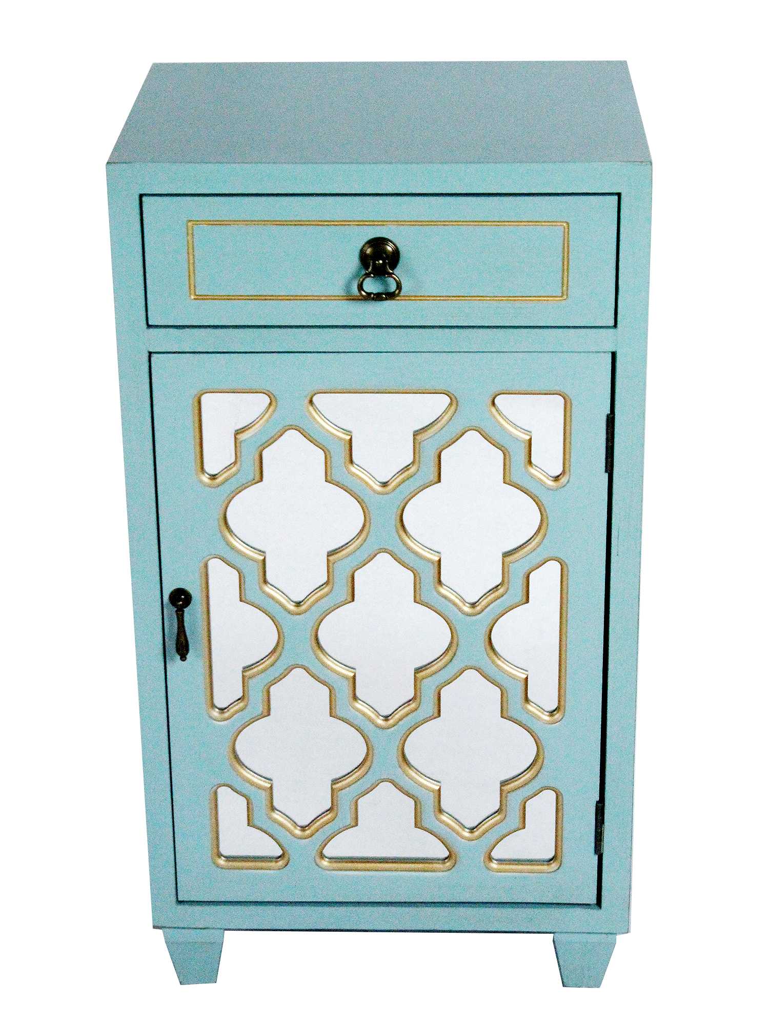 16.75" X 12.75" X 30.75" Light Blue with Gold MDF Wood Mirrored Glass Cabinet with a Drawer and a Door
