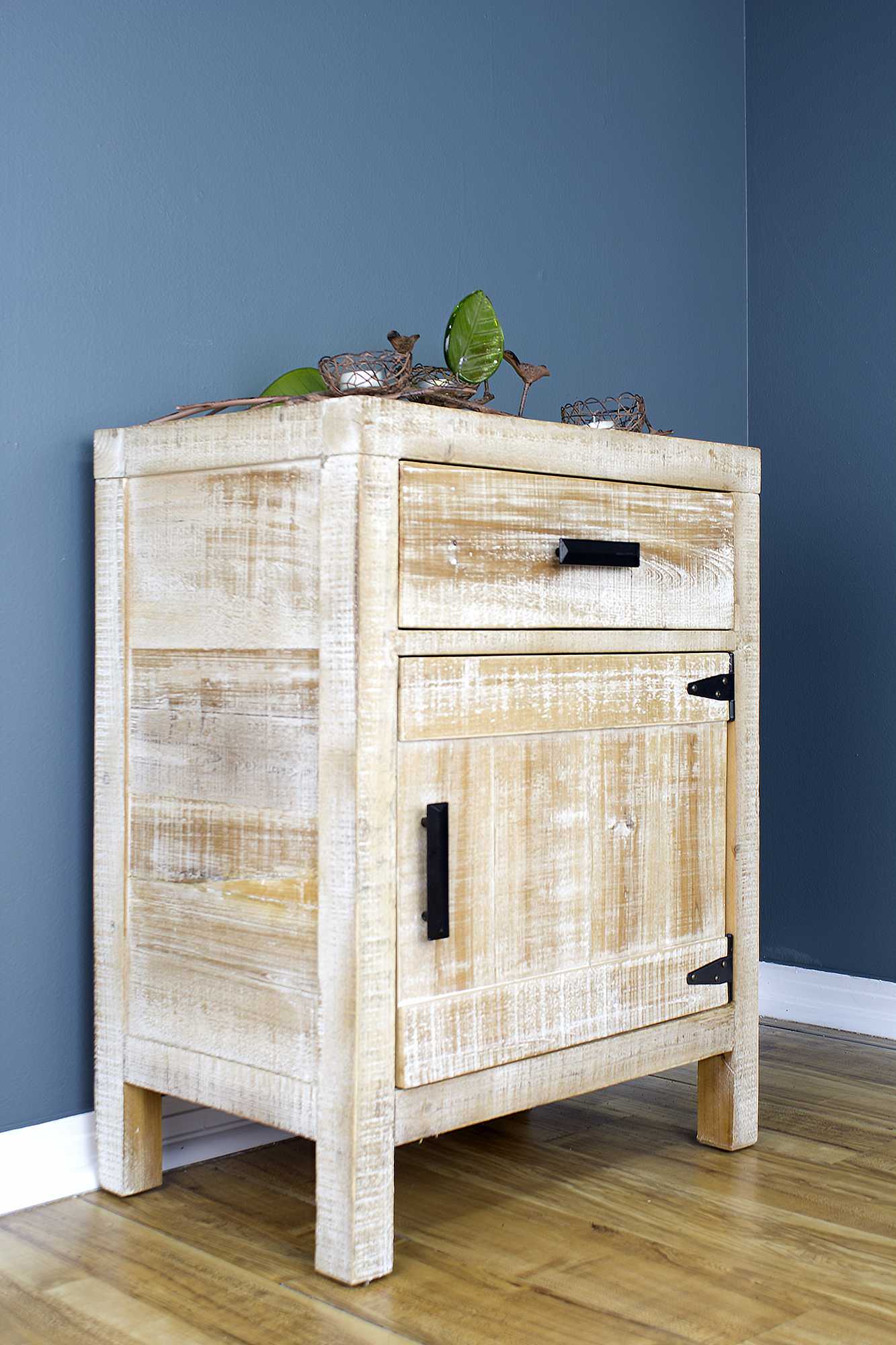 21.75" X 13.75" X 27.5" Distressed Wood Wood Iron Accent Cabinet with a Drawer and Door Handles and Hinges