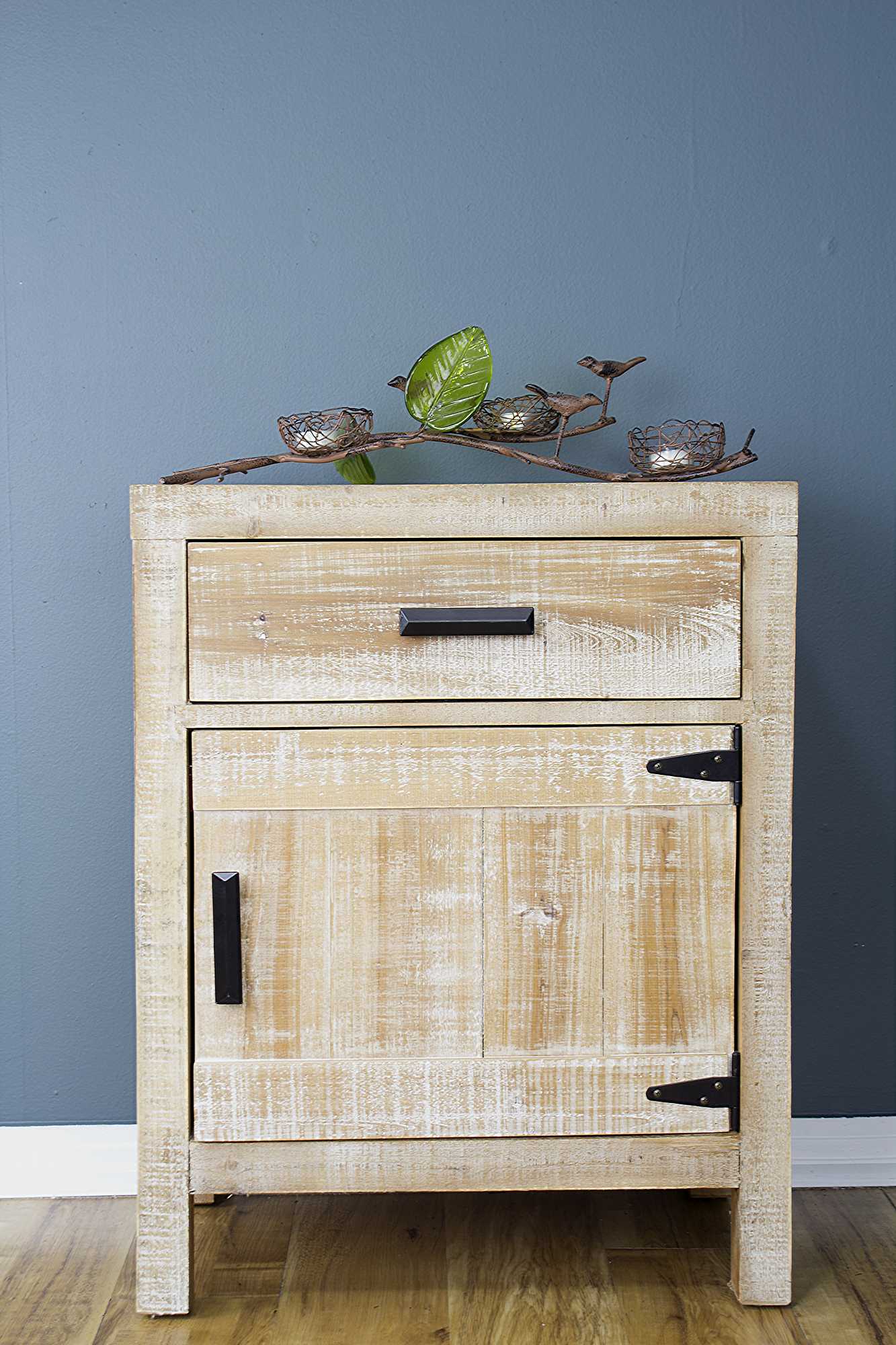 21.75" X 13.75" X 27.5" Distressed Wood Wood Iron Accent Cabinet with a Drawer and Door Handles and Hinges