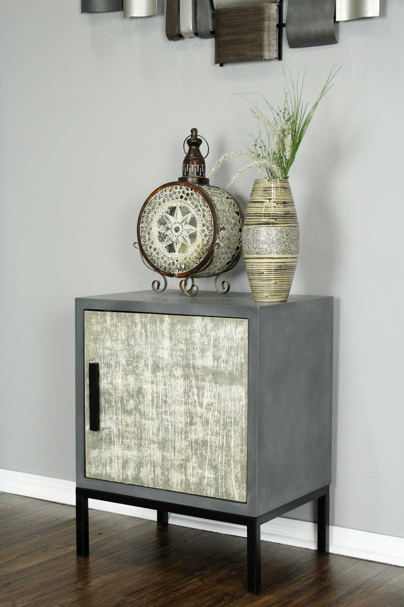22" X 15" X 27" Gray W  Distressed Gray MDF  Wood  Iron Accent Cabinet with a Door