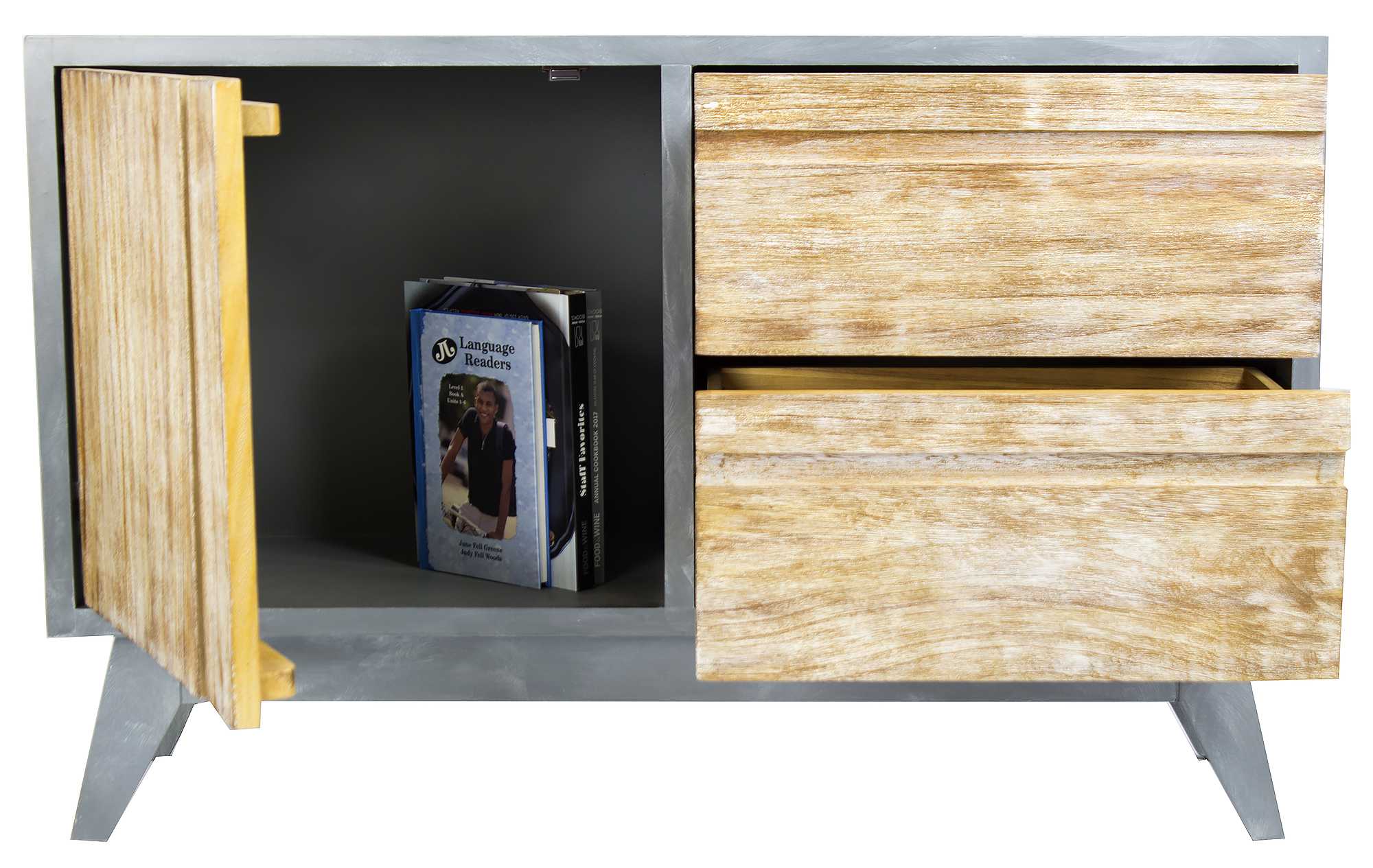 42.5" X 13.75" X 27.5" Gray with Distressed Wood MDF Wood Sideboard with a Door and Drawers