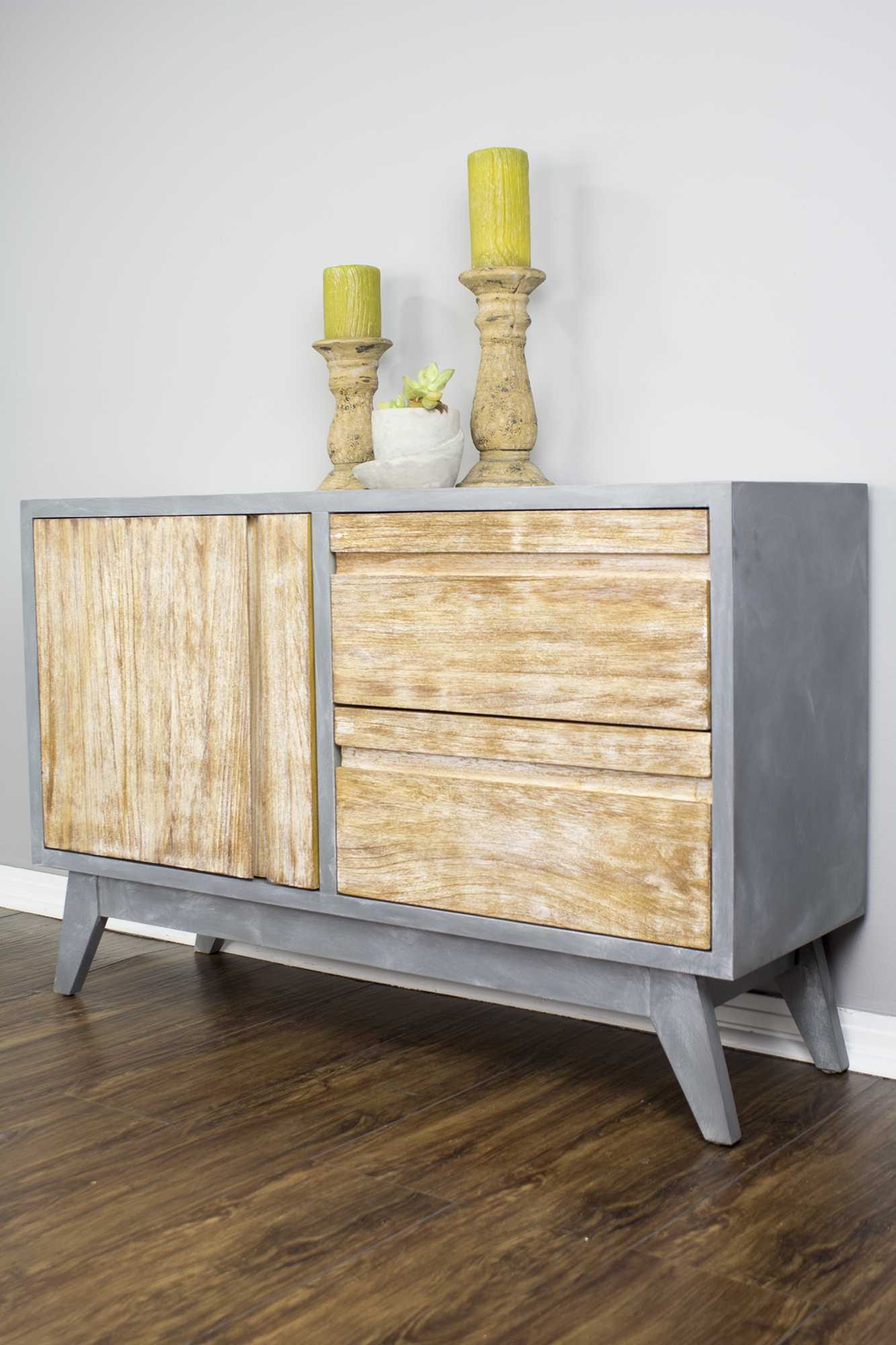 42.5" X 13.75" X 27.5" Gray with Distressed Wood MDF Wood Sideboard with a Door and Drawers