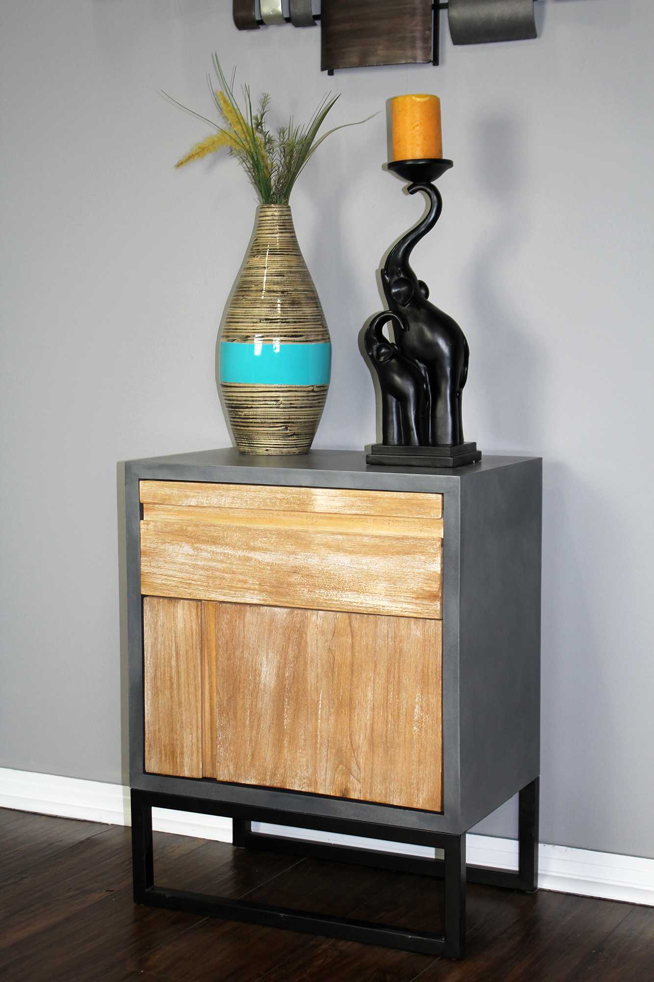 22" X 14" X 27" Gray W  Distressed Wood MDF  Wood  Iron Cabinet with a Drawer and a Door