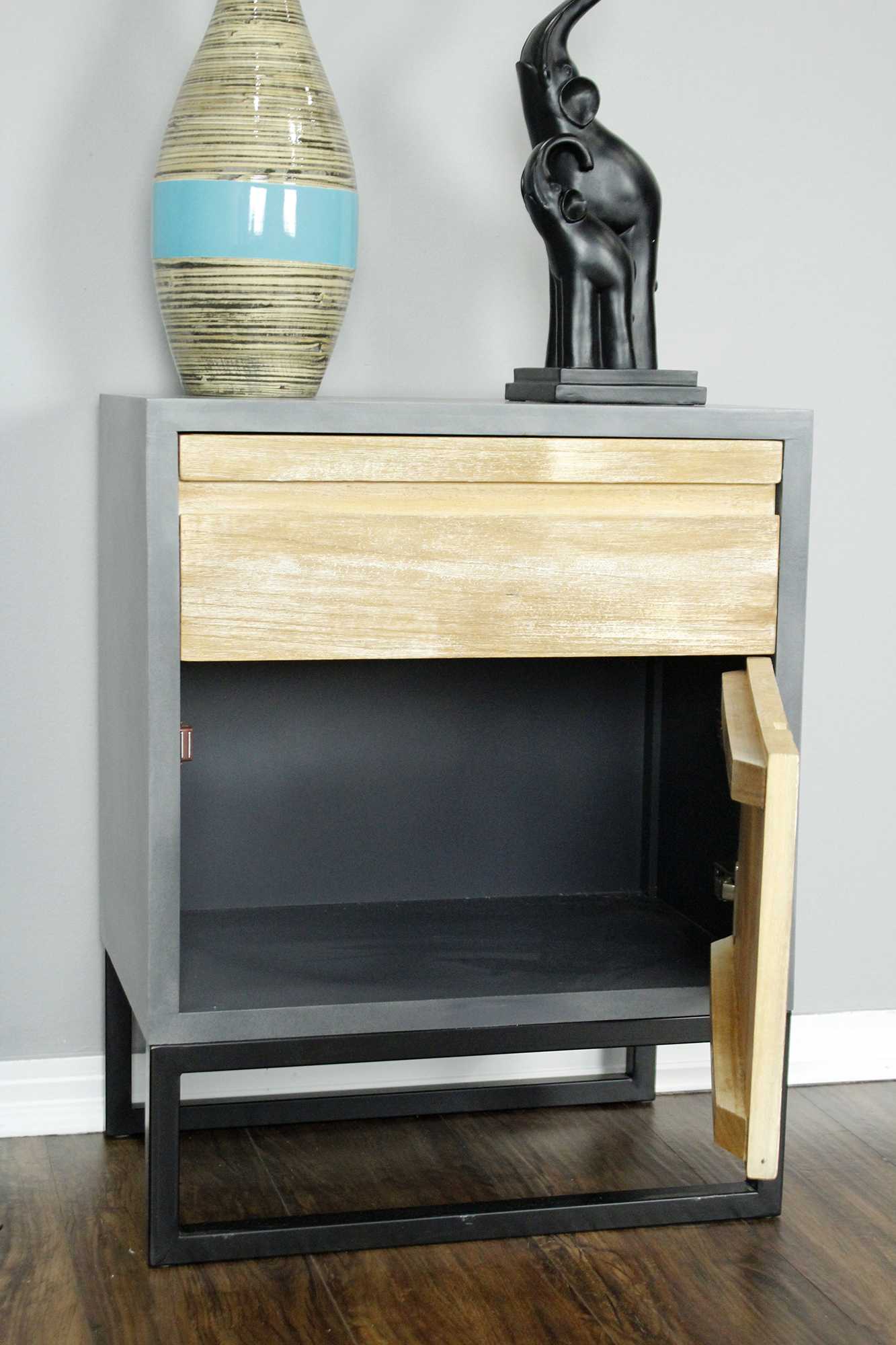 22" X 14" X 27" Gray W  Distressed Wood MDF  Wood  Iron Cabinet with a Drawer and a Door