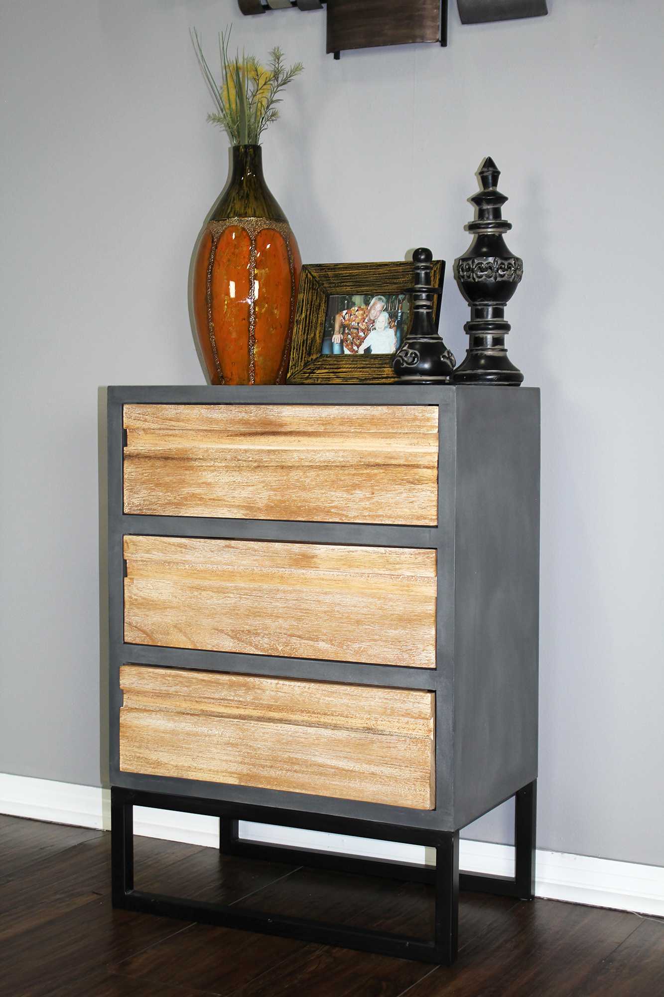 22" X 14" X 31" Gray W  Distressed Wood MDF  Wood  Iron Accent Cabinet with  Distressed Drawers