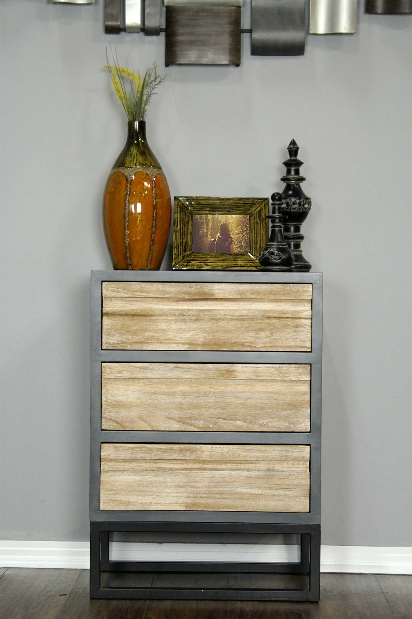 22" X 14" X 31" Gray W  Distressed Wood MDF  Wood  Iron Accent Cabinet with  Distressed Drawers