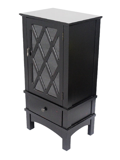 18" X 13" X 36" Black MDF  Wood  Clear Glass Accent Cabinet with a Door and Drawer and Lattice Inserts