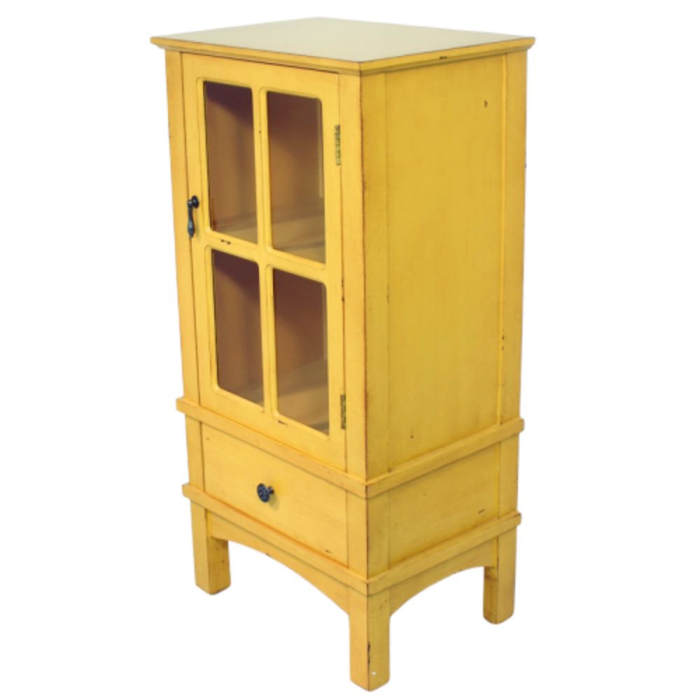 18" X 13" X 36" Yellow MDF  Wood  Clear Glass Cabinet with a Drawer and a Door