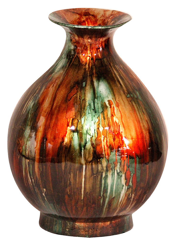 14.5" X 14.5" X 19" Turquoise Copper And Bronze Ceramic Foiled and Lacquered Ceramic Vase