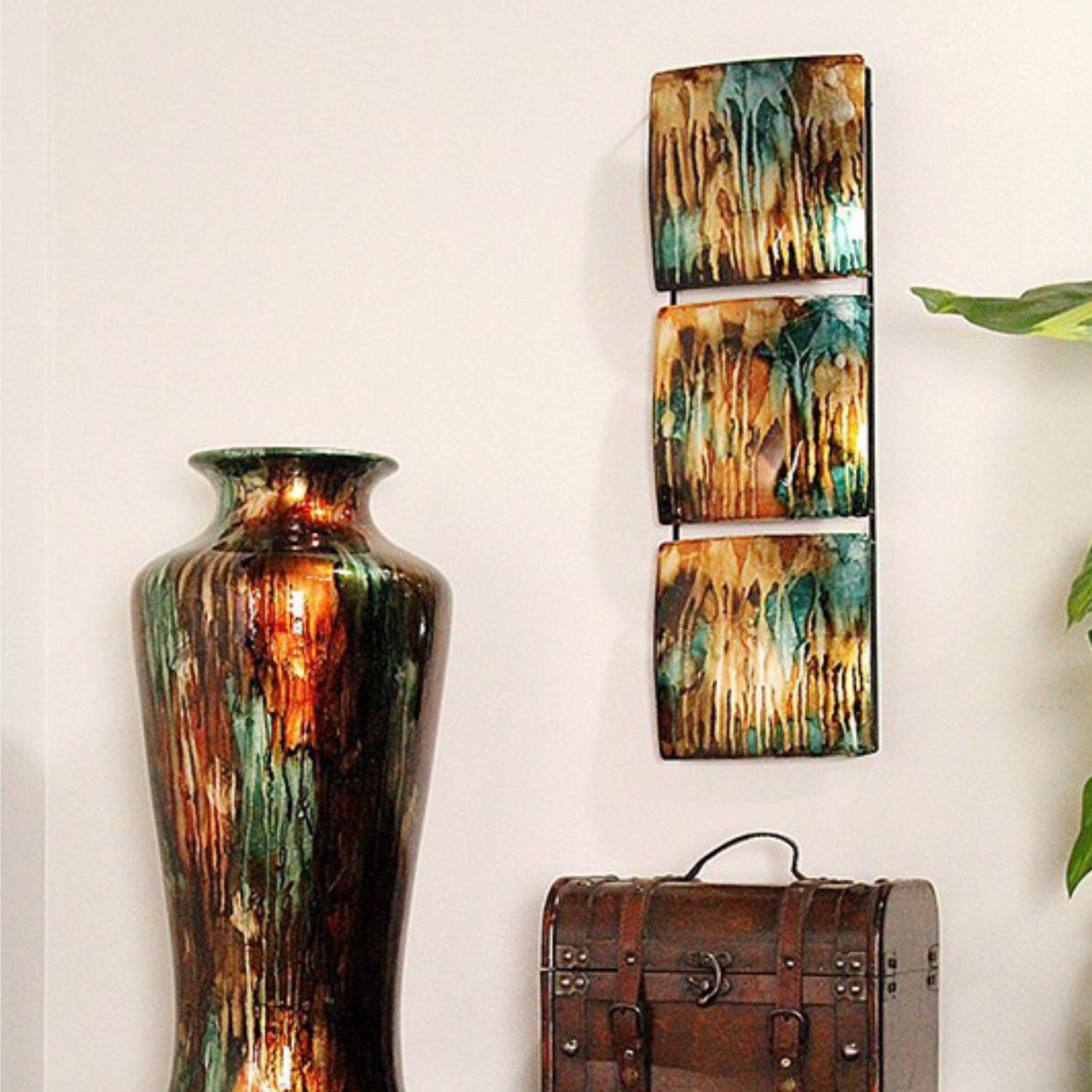 8" X 2.75" X 24.5" Turquoise Copper And Bronze Metal Vertical 3 Panel Metal Wall Decor