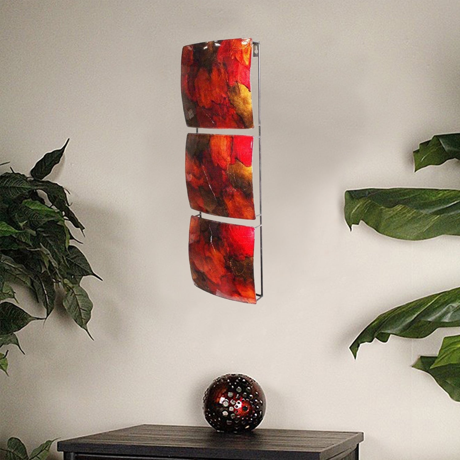 8" X 2.75" X 24.5" Copper Red And Gold Metal Vertical 3 Panel Metal Wall Decor