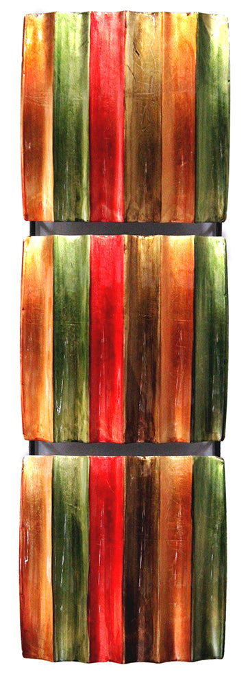 8" X 2.75" X 24.5" Green Red Copper And Brown Metal Vertical 3 Panel Metal Wall Decor