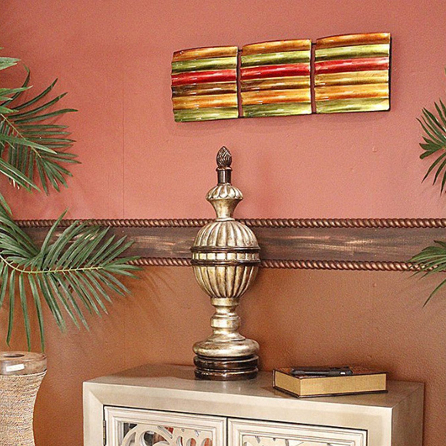 8" X 2.75" X 24.5" Green Red Copper And Brown Metal Vertical 3 Panel Metal Wall Decor