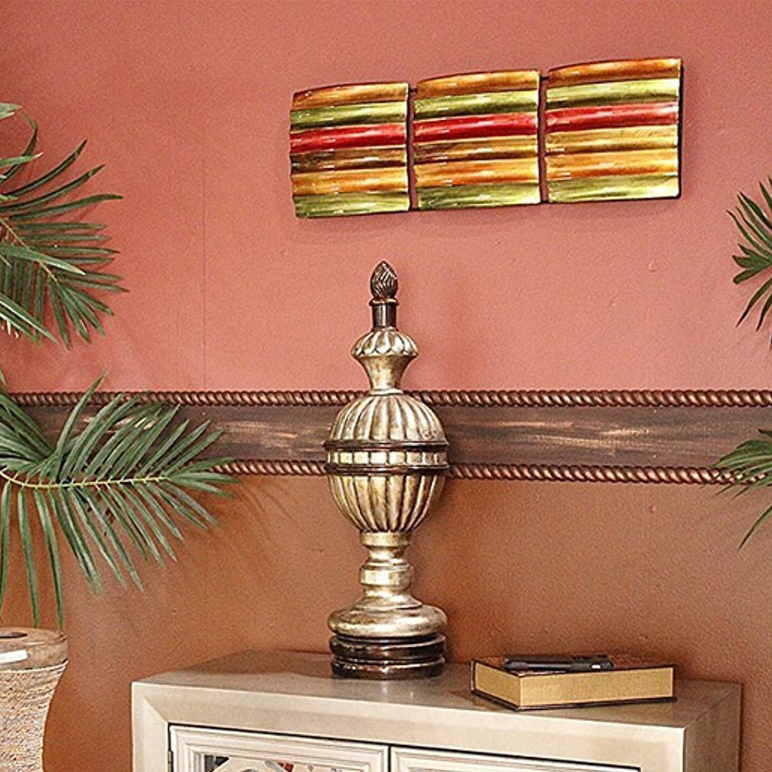 8" X 2.75" X 24.5" Copper Gold And Pewter Metal Vertical 3 Panel Metal Wall Decor