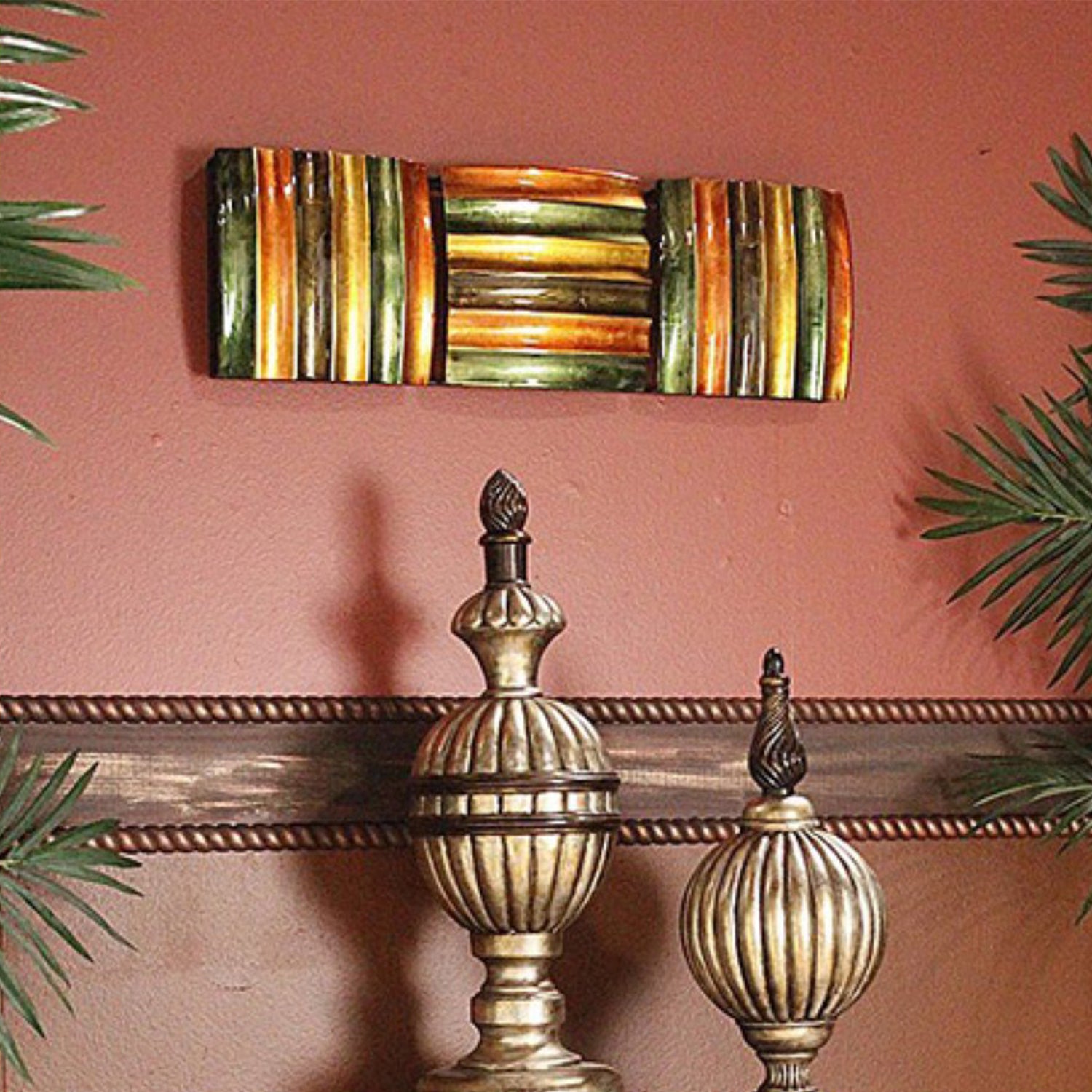 8" X 2.75" X 24.5" Gold Green And Copper Metal Vertical 3 Panel Metal Wall Decor