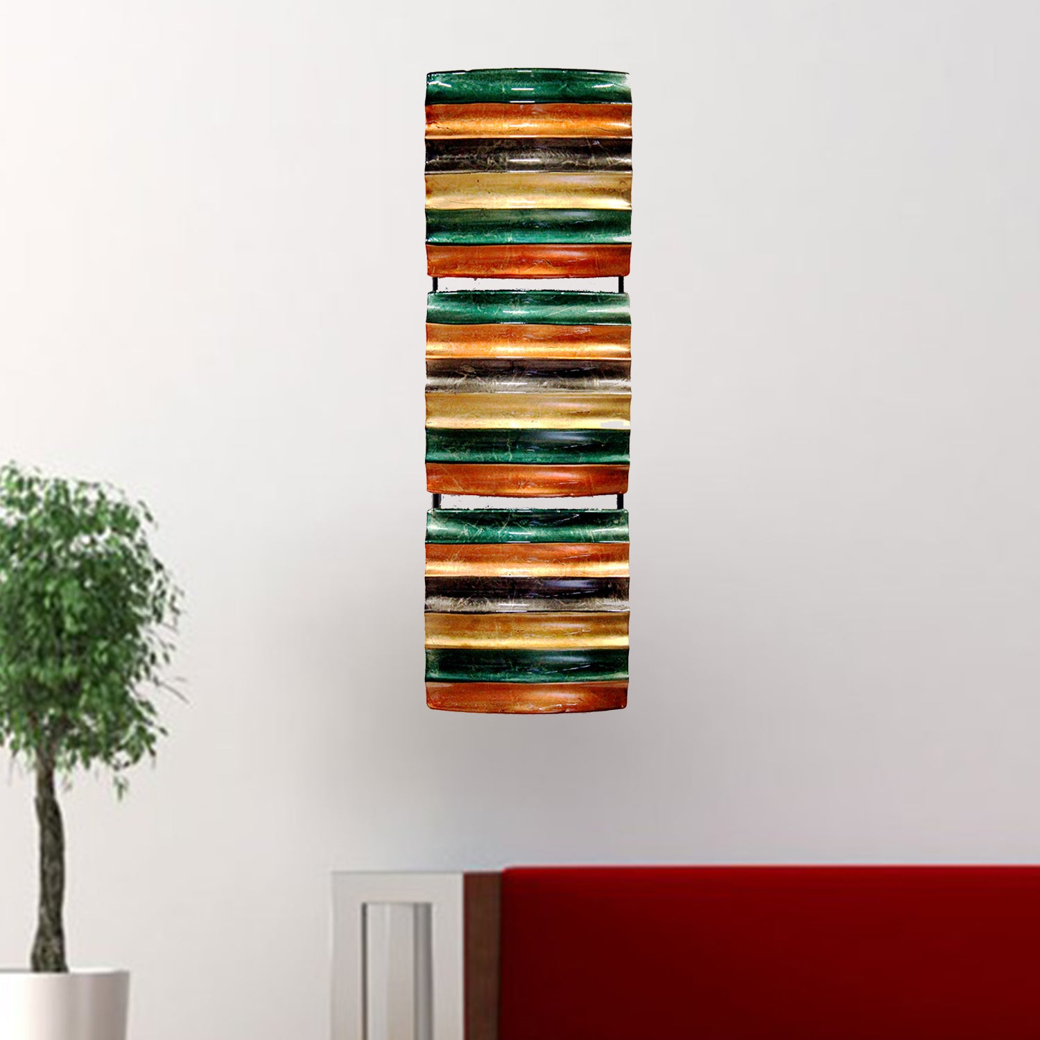 8" X 2.75" X 24.5" Gold Green And Copper Metal Vertical 3 Panel Metal Wall Decor