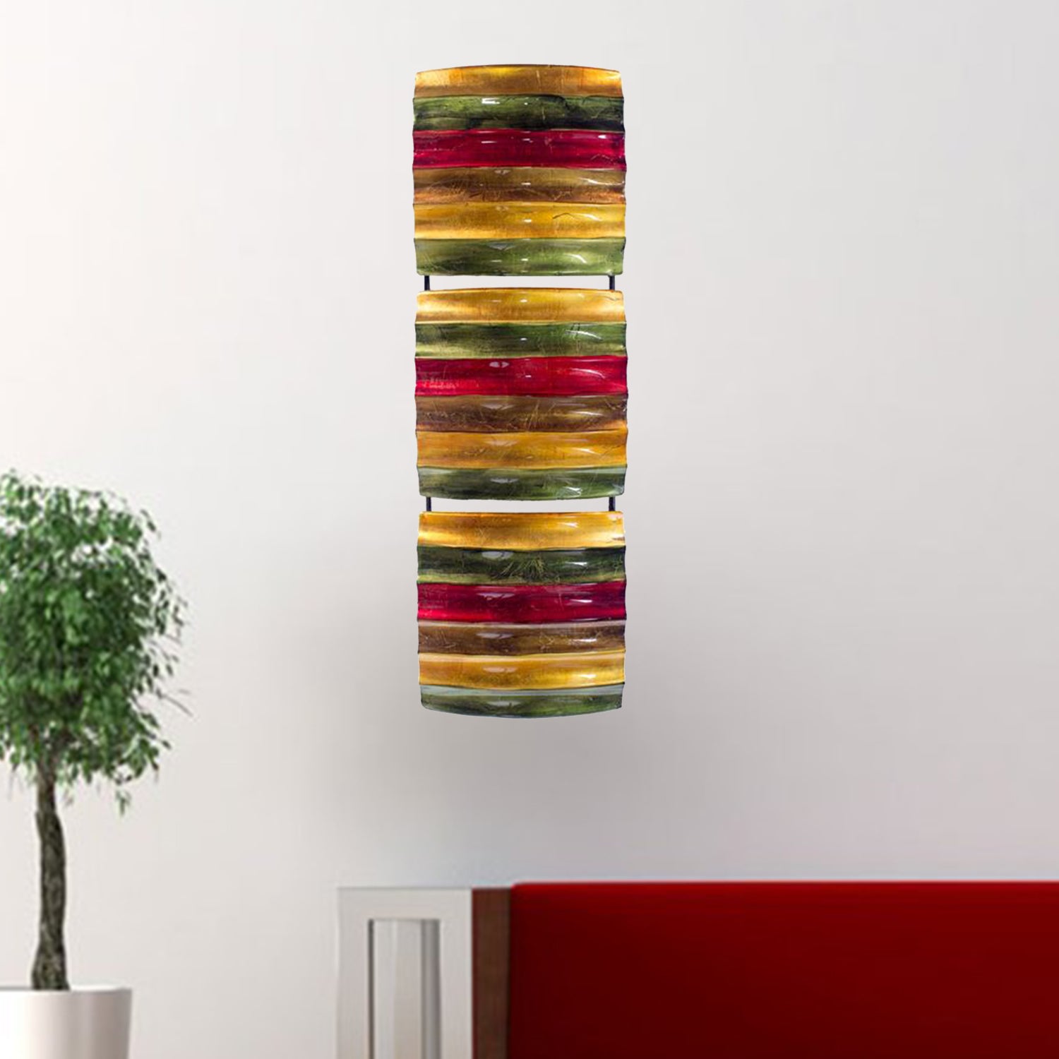 8" X 2.75" X 24.5" Green Red Copper And Brown Metal Vertical 3 Panel Metal Wall Decor