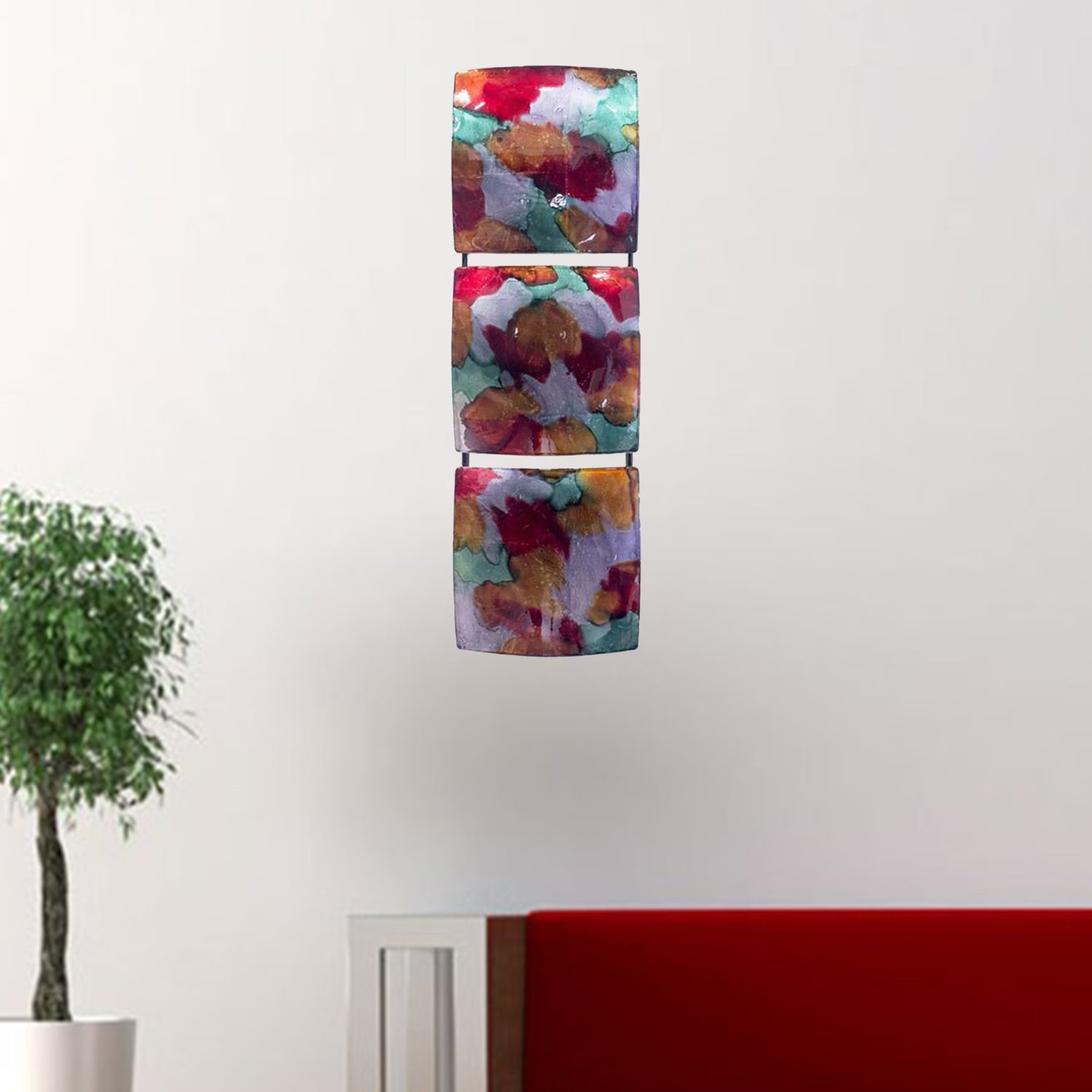 8" X 2.75" X 24.5" Silver Gold Green Red And Copper Metal Vertical 3 Panel Metal Wall Decor