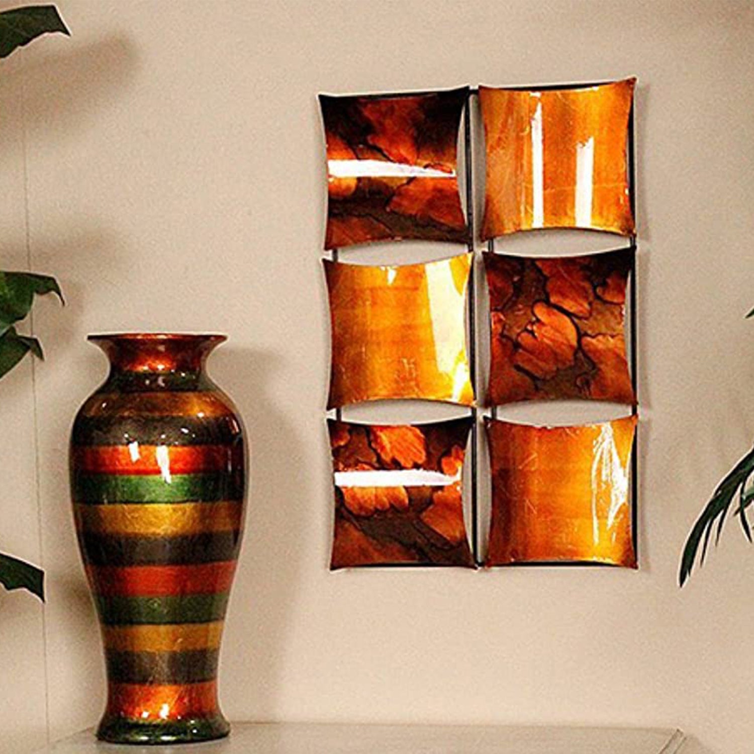 16" X 2" X 25" Copper, Brown And Orange Metal Vertical Panel Wall Decor