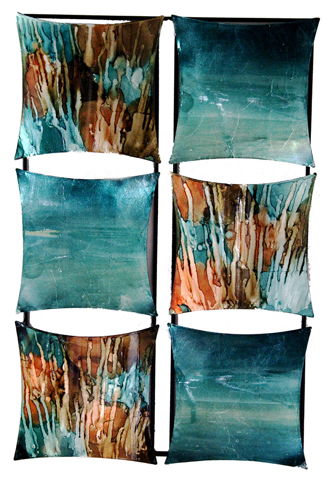 16" X 2" X 25" Turquoise, Copper And Bronze Metal Vertical Panel Wall Decor