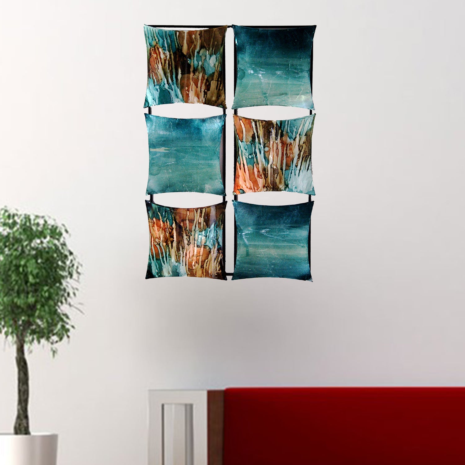 16" X 2" X 25" Turquoise, Copper And Bronze Metal Vertical Panel Wall Decor