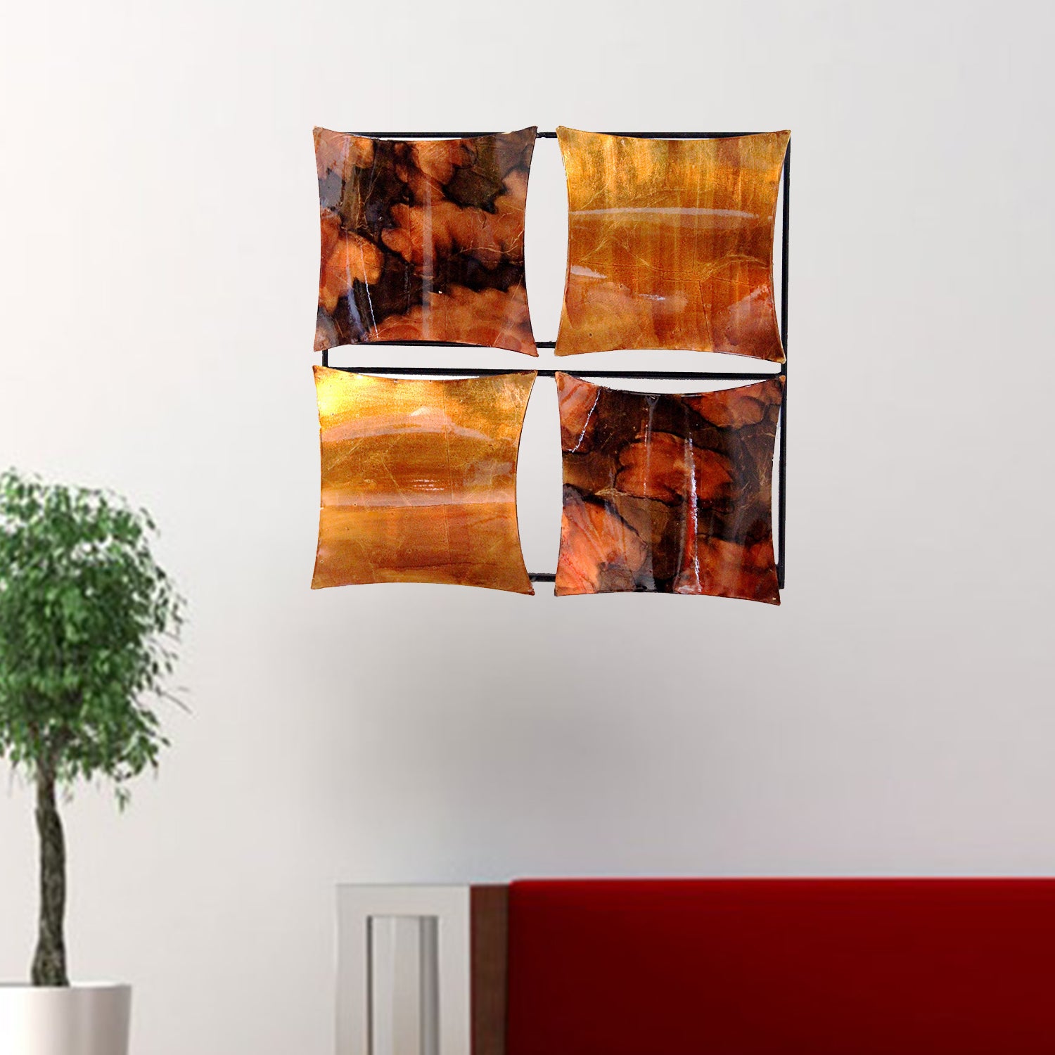16" X 2" X 16" Copper, Brown And Orange Metal 4-Panel Square Wall Decor