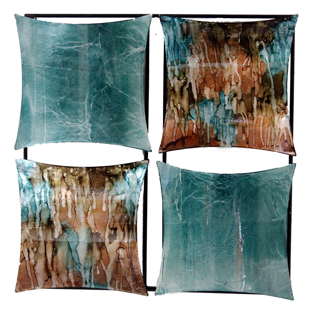 16" X 2" X 16" Turquoise, Copper And Bronze Metal 4-Panel Square Wall Decor