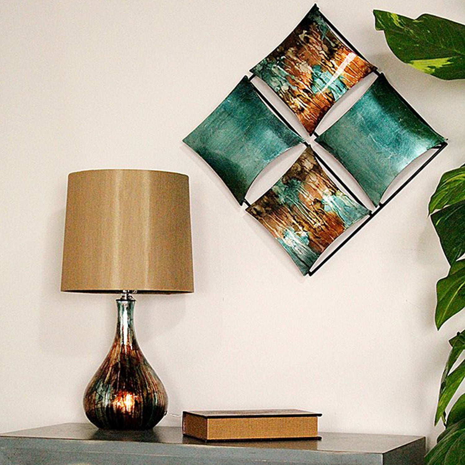 16" X 2" X 16" Turquoise, Copper And Bronze Metal 4-Panel Square Wall Decor