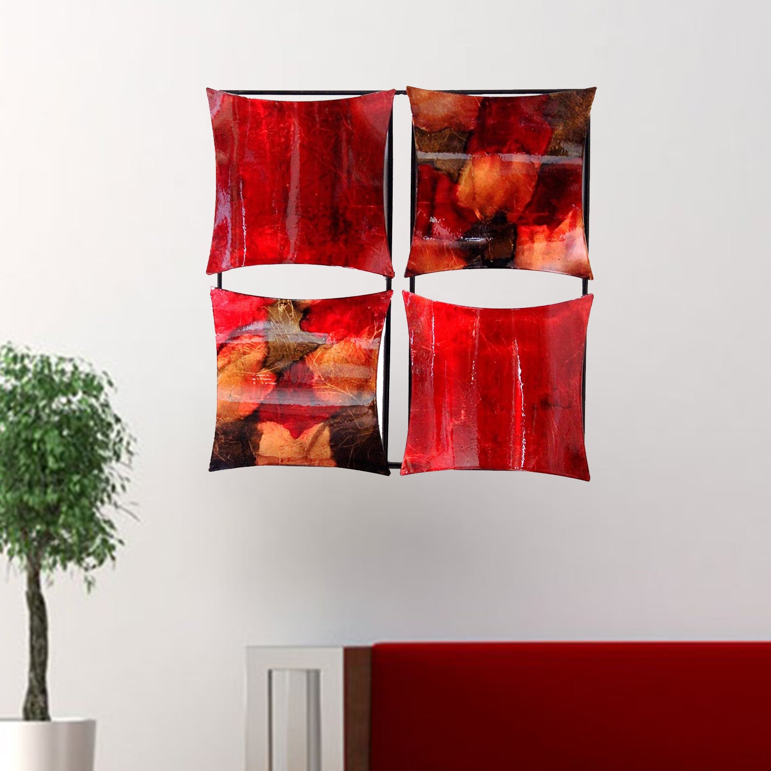 16" X 2" X 16" Copper, Red And Gold Metal 4-Panel Square Wall Decor