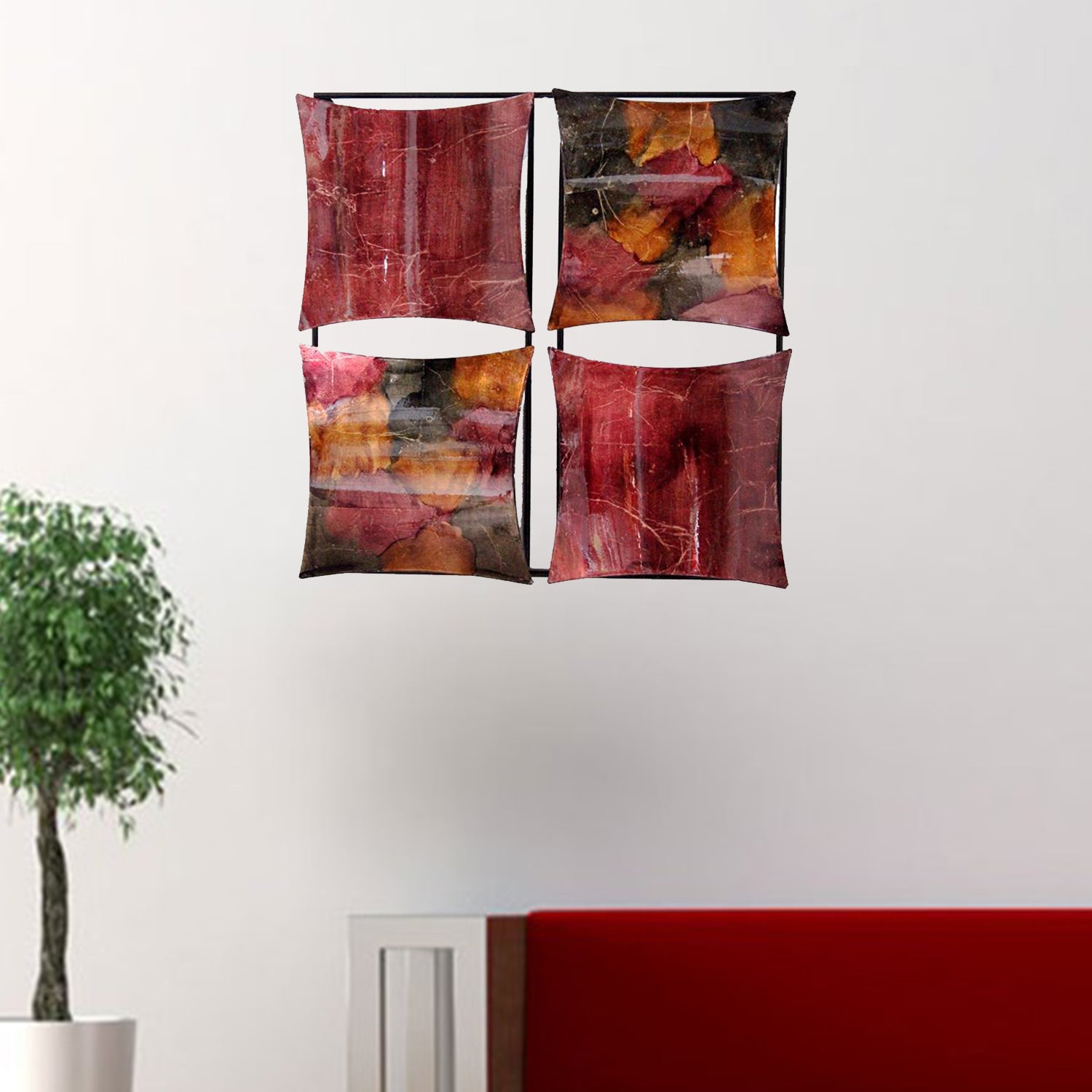 16" X 2" X 16" Burgundy, Copper And Brown Metal 4-Panel Square Wall Decor