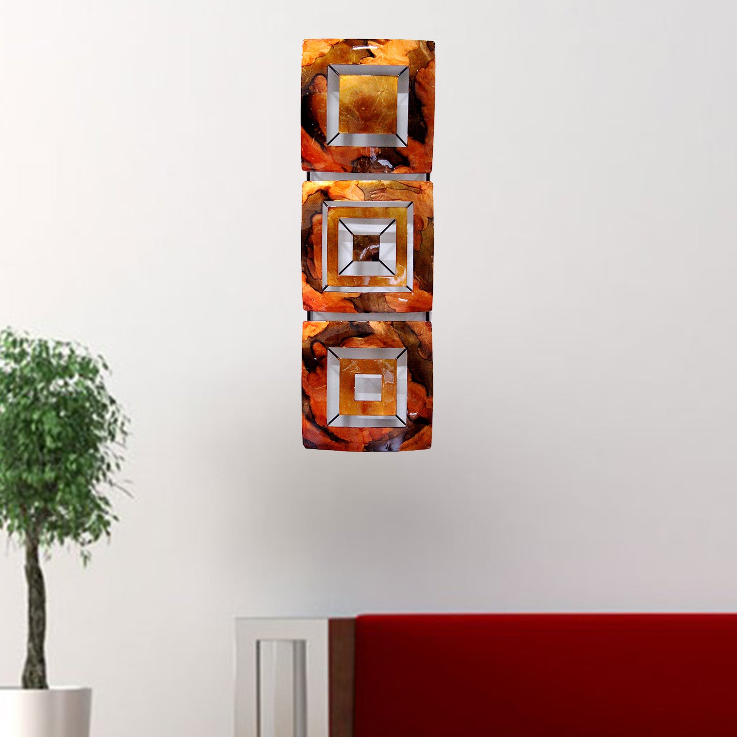 8" X 2.75" X 25" Copper Brown And Orange Metal Vertical 3 Panel Metal Wall Decor