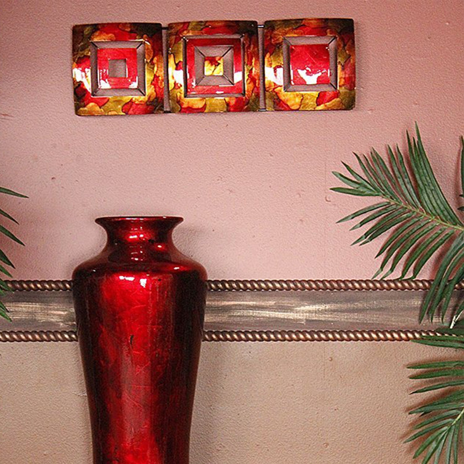 8" X 2.75" X 25" Copper Red And Gold Metal Vertical 3 Panel Metal Wall Decor