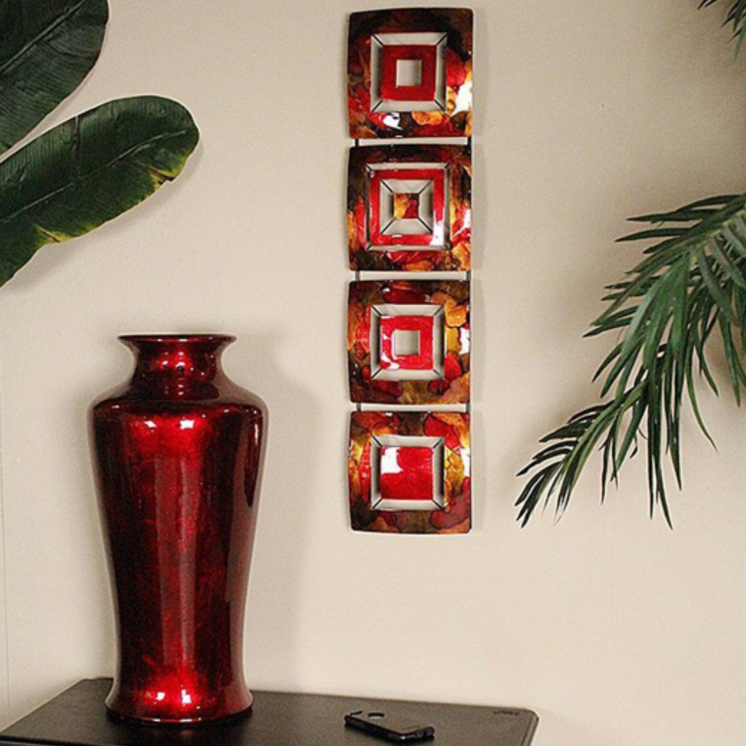 8" X 2.75" X 32.5" Gold Red Burgundy And Brown Metal Vertical Panel Wall Decor