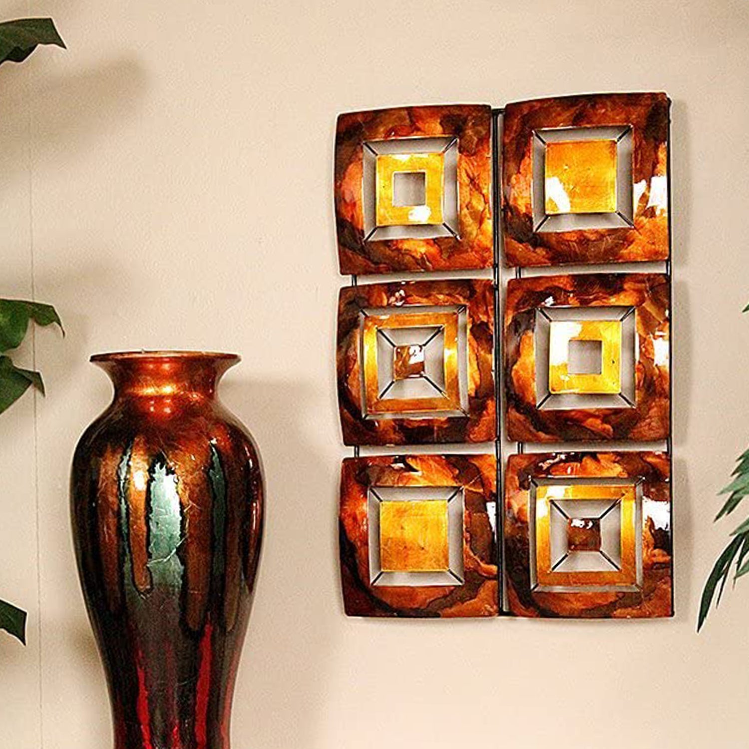 16" X 2.75" X 25" Copper Brown And Orange Metal Vertical Panel Wall Decor
