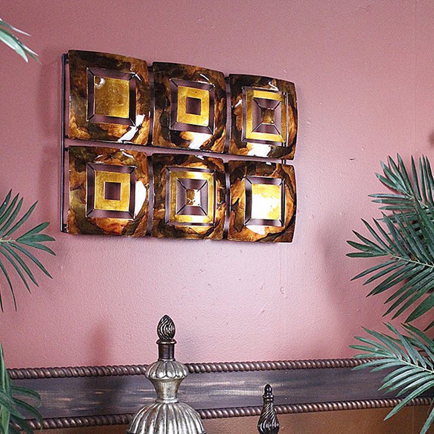 16" X 2.75" X 25" Copper Red And Gold Metal Vertical Panel Wall Decor