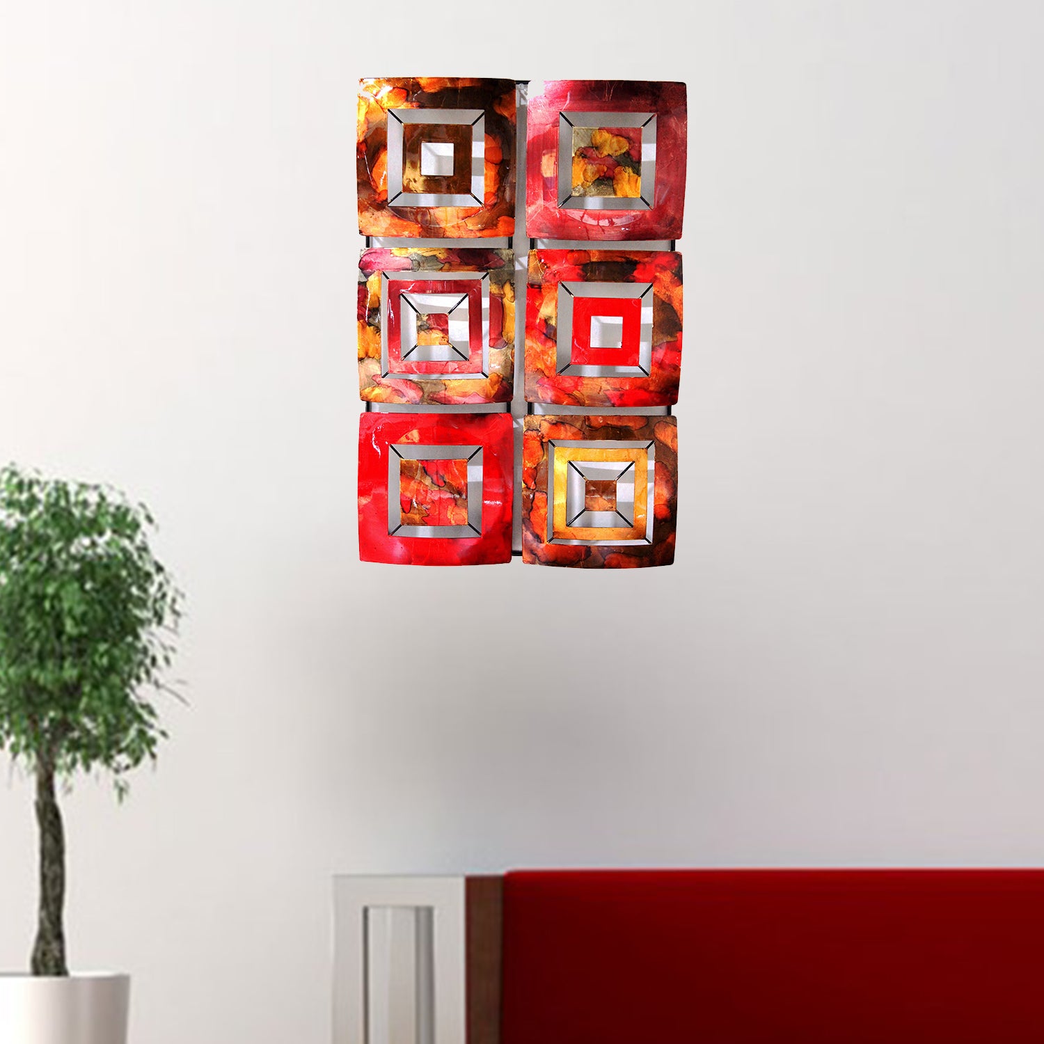 16" X 2.75" X 25" Gold Red Burgundy And Brown Metal Vertical Panel Wall Decor