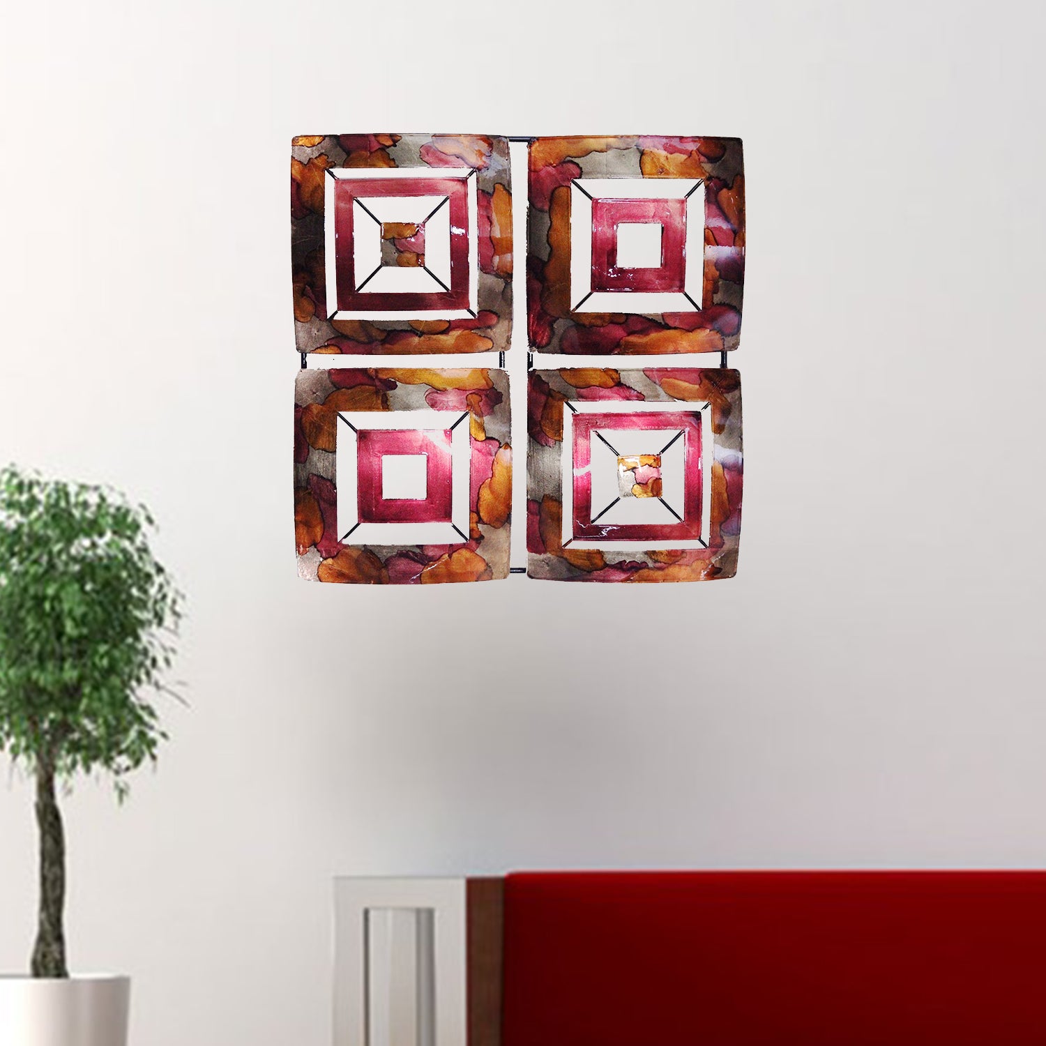 16" X 2.75" X 16" Copper Red And Gold Metal 4 Panel Square Wall Decor