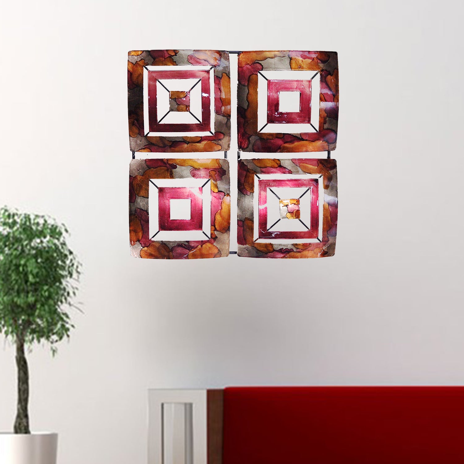 16" X 2.75" X 16" Burgundy Copper And Brown Metal 4 Panel Square Wall Decor
