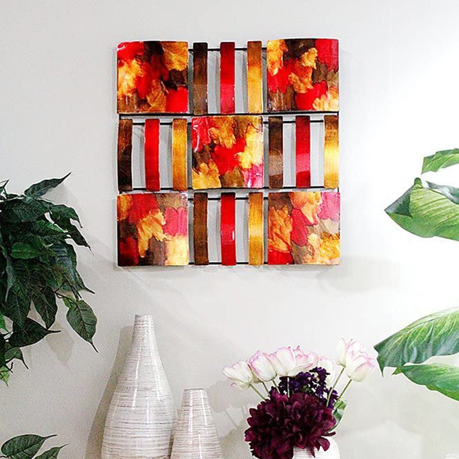 24.5" X 2.5" X 24.5" Copper Red And Gold Metal 9 Panel Square Wall Decor