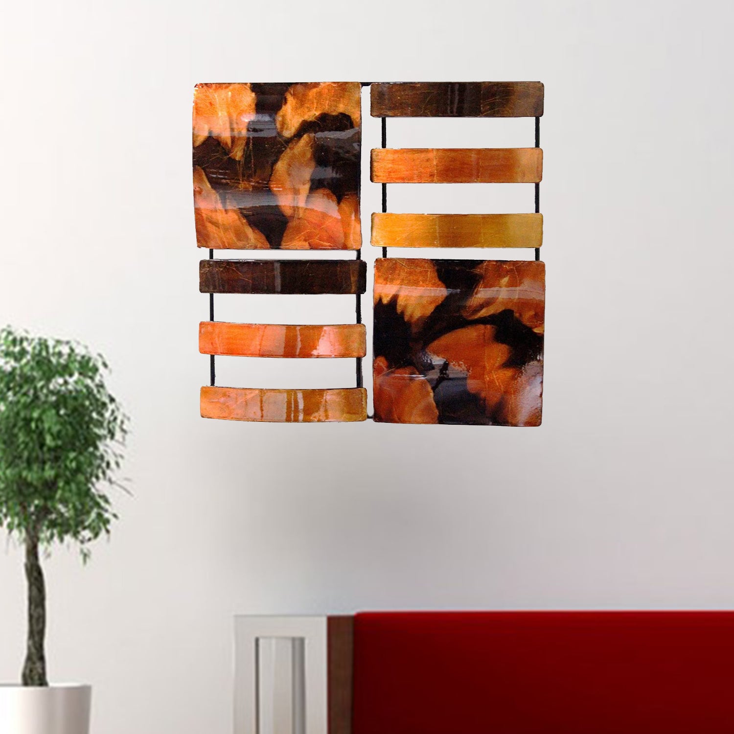 16" X 2.5" X 16" Copper Brown And Orange Metal 4 Panel Square Metal Wall Decor