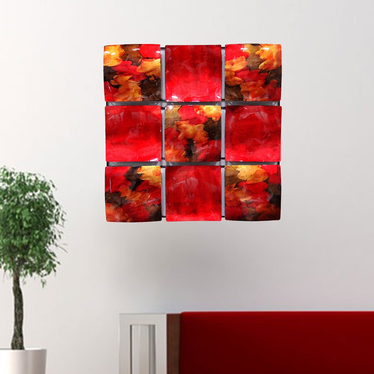 24.5" X 2.5" X 24.5" Copper Red And Gold Metal 9 Panel Square Wall Decor