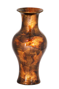 9.5" X 9.5" X 18" Copper Brown And Orange Ceramic Foiled and Lacquered Ceramic Vase