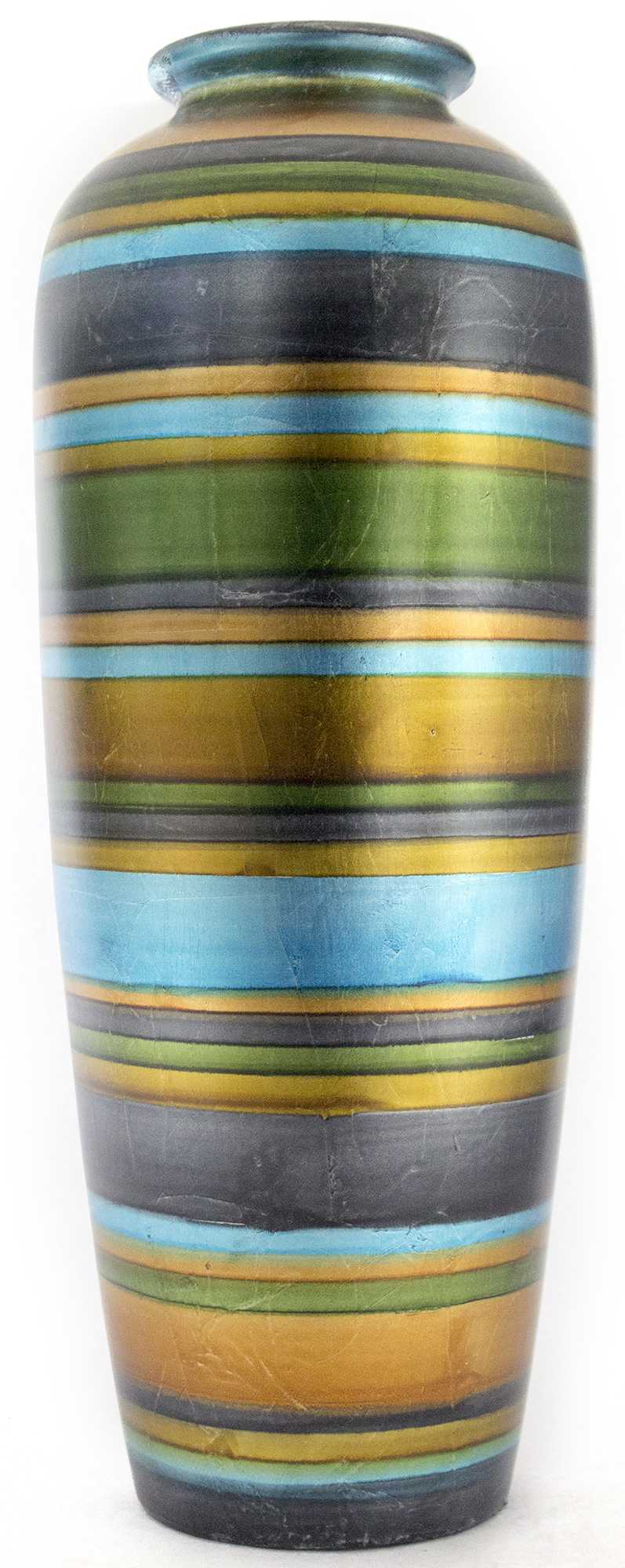 9" X 9" X 24" Blue, Green, Gold, Copper And Pewter Ceramic Water Jug Floor Vase