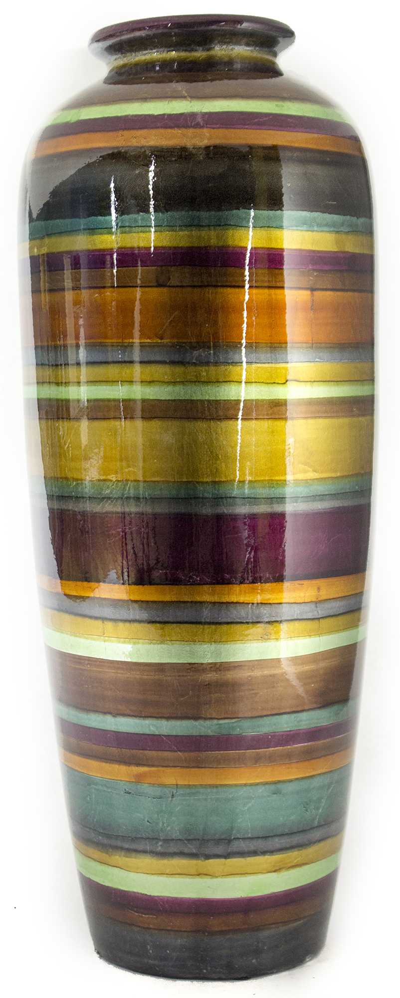 9" X 9" X 24" Eggplant, Bronze, Gold, Green, Copper And Pewter Ceramic Water Jug Floor Vase