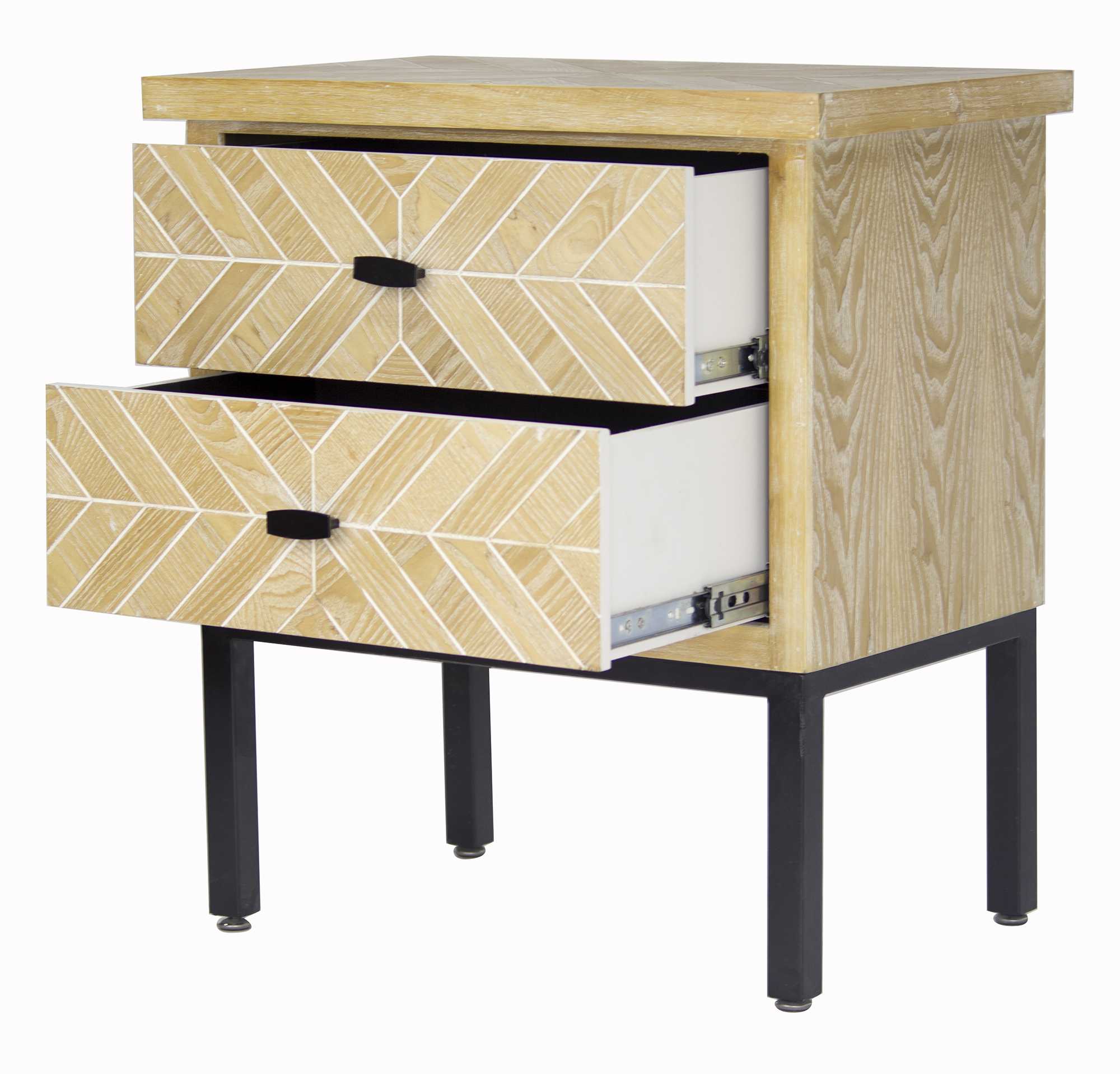 24" X 15" X 26" White Washed Parquet Iron  Wood  MDF Accent Cabinet with anFrame and Drawers