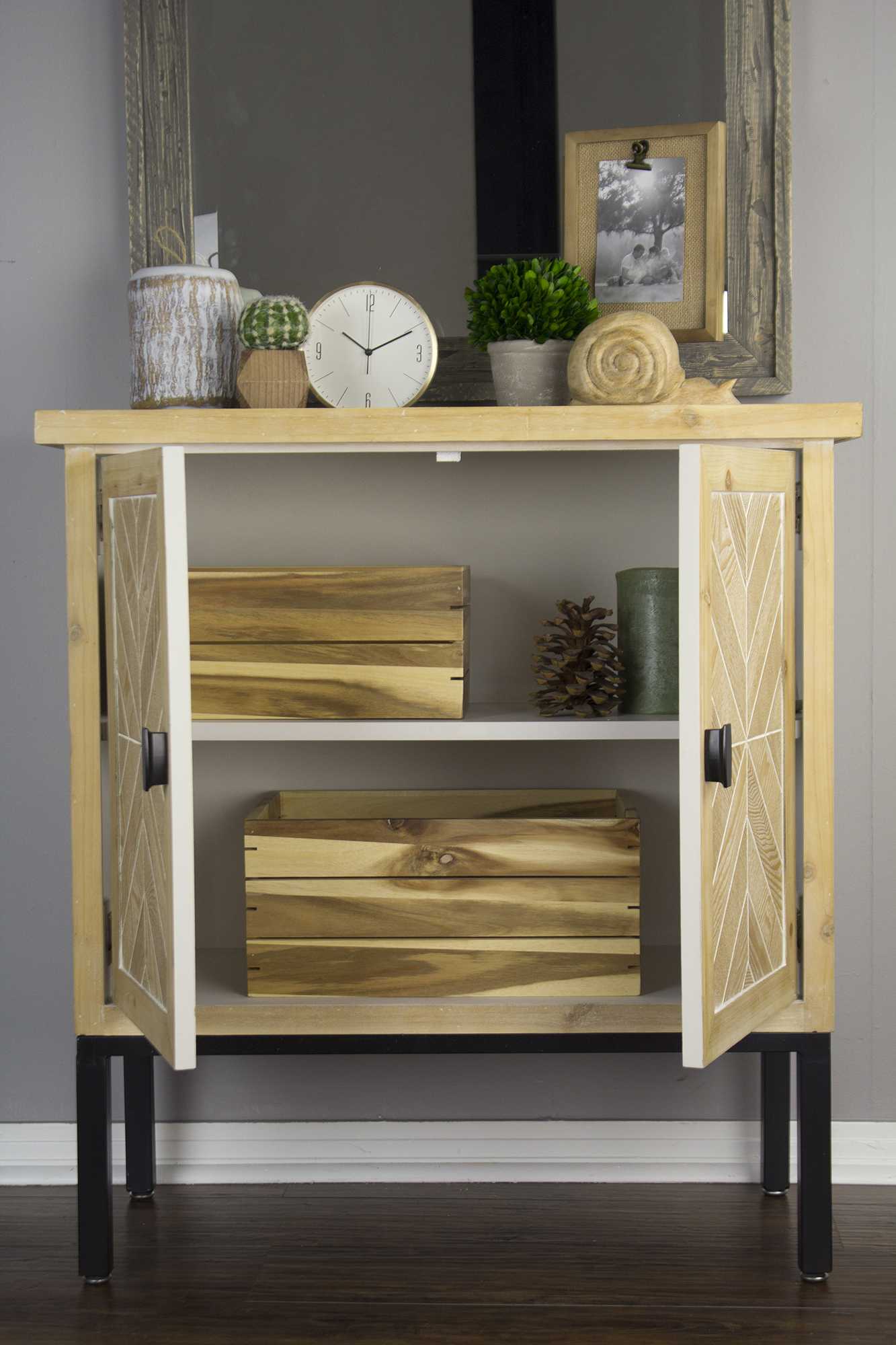31.5" X 15" X 33.8" White Washed Parquet Iron Wood MDF Sideboard with an Iron Frame and Wood Doors