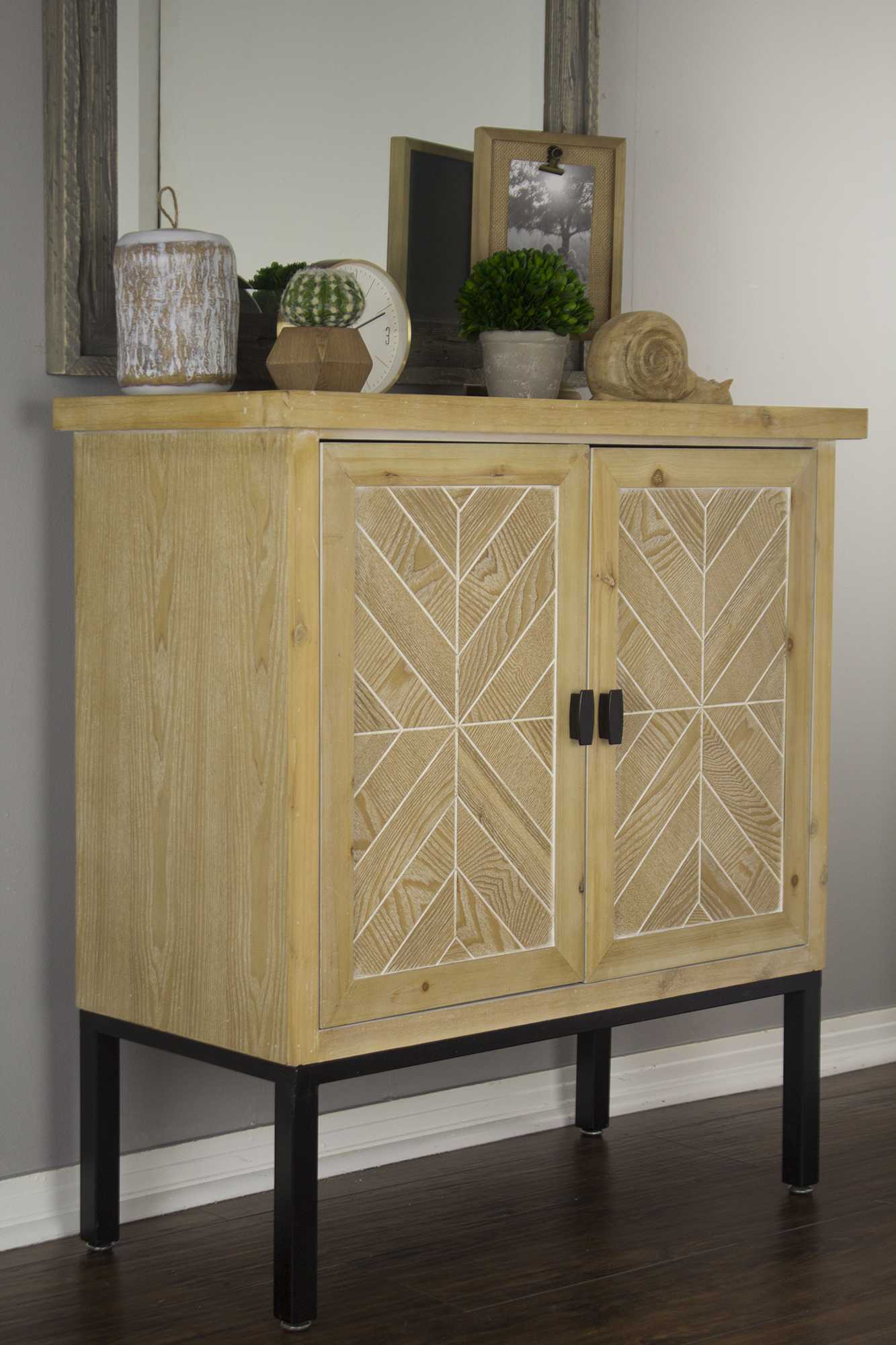 31.5" X 15" X 33.8" White Washed Parquet Iron Wood MDF Sideboard with an Iron Frame and Wood Doors